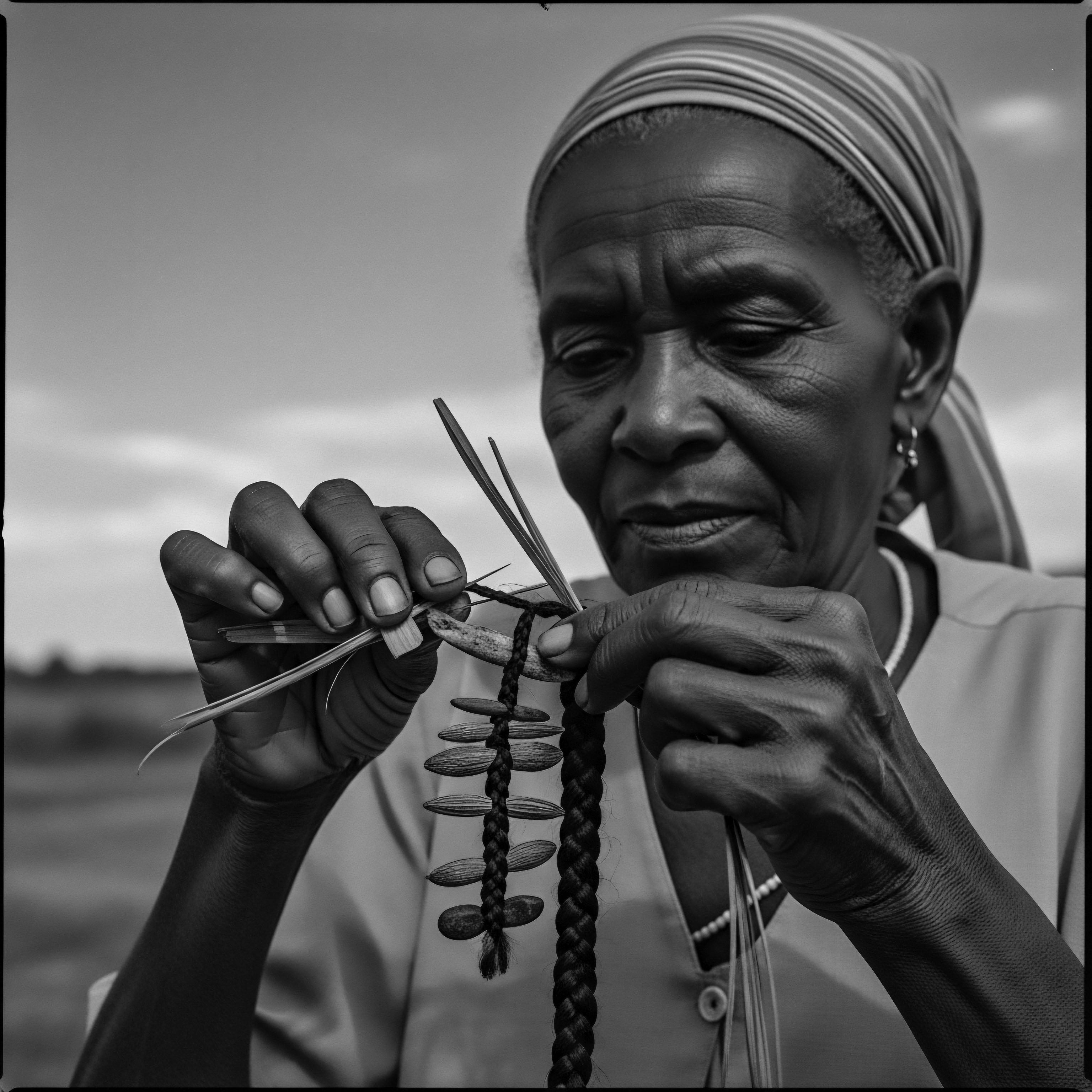 Elderly Woman Crafting Adornments Revealing Heritage and Textured Hair Tradition The craftsman's practiced hands weave a story of heritage and innovation in textured hair adornment, showcasing intergenerational practices and ancestral heritage. This art form speaks to self-expression, protective styles, and the deep cultural significance attached to each coil, wave, spring and strand, celebrating beauty, identity, and wellness.