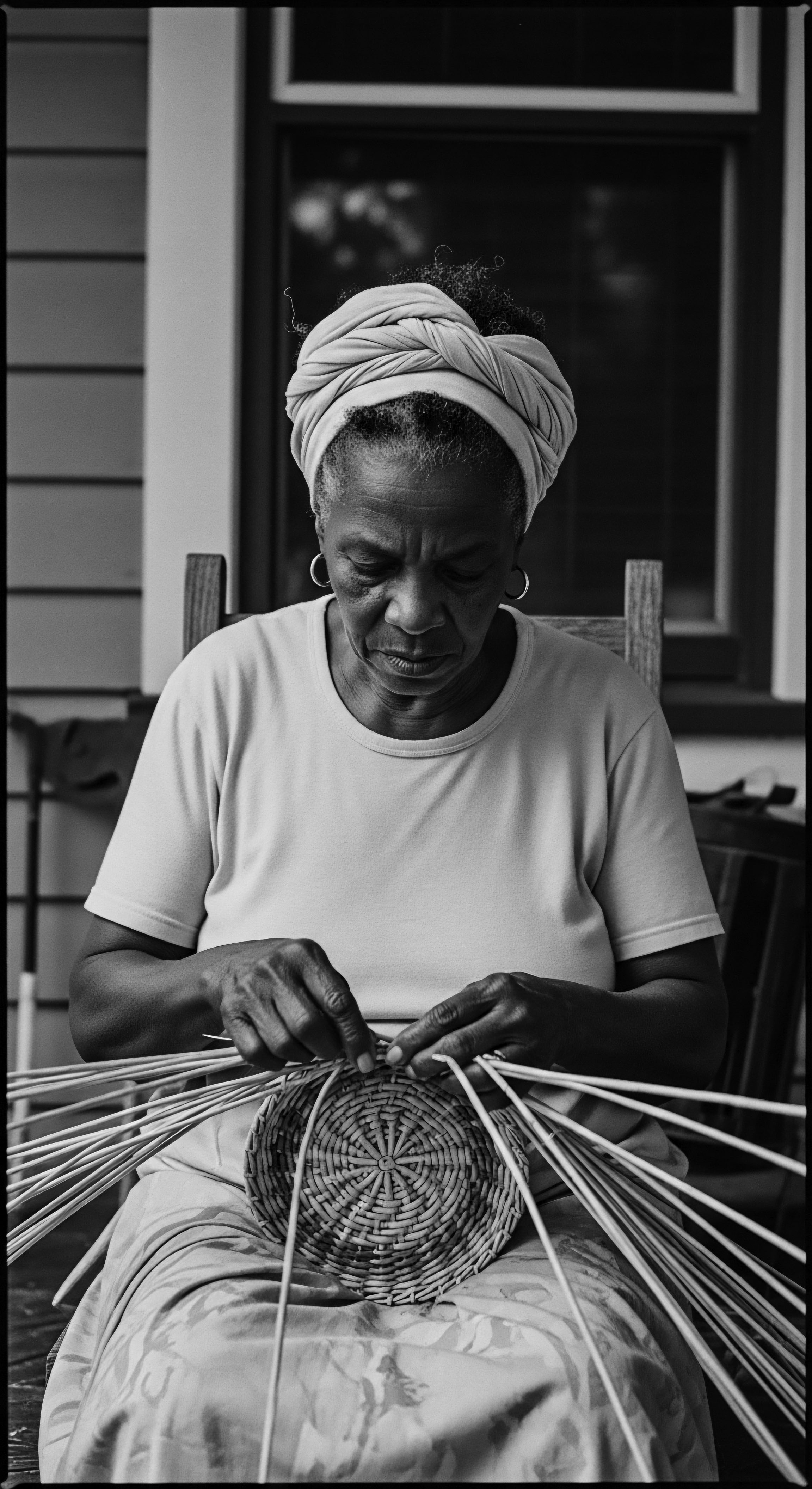 Elderly Woman Weaving Basket with Coiled Hair Crowned by Wrapped Headcloth The basket weaver's hands, etched with wisdom, weave more than just reeds they intertwine generations of heritage and skill, while her wrapped head and visible coil texture embody both cultural pride and respect for her ancestors, reflecting time honored practices for textured hair and its display.