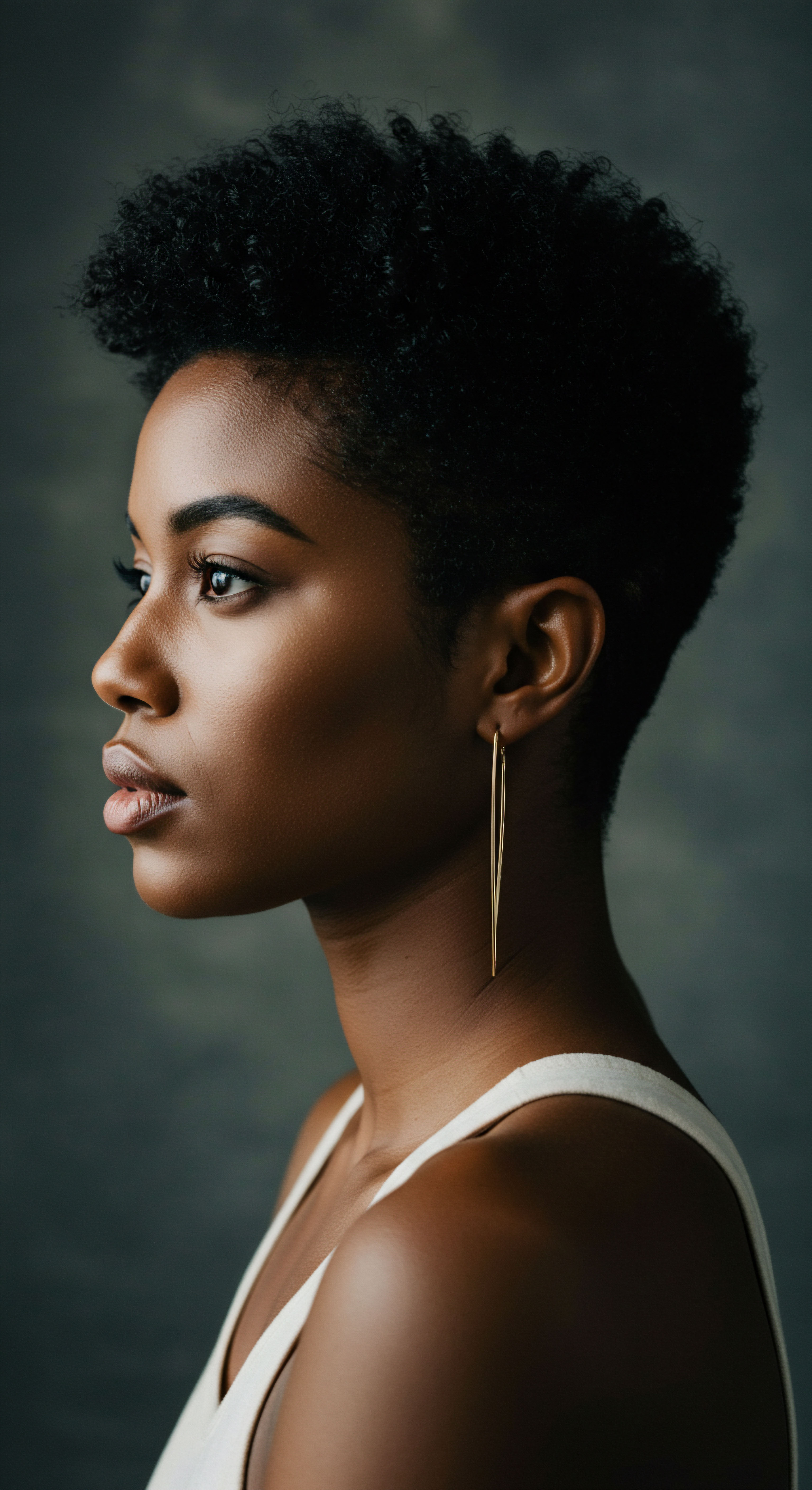 Elegance Inherent Textured Hair Profile Showcasing Deep Coils And Radiant Skin A striking profile reveals beautifully defined, deep coily textured hair. This showcases inherent resilience of melanin-rich strands, emphasized by minimalist styling. It celebrates meticulous hair care, optimal scalp health, and the profound beauty embedded in Black hair heritage and natural texture patterns.