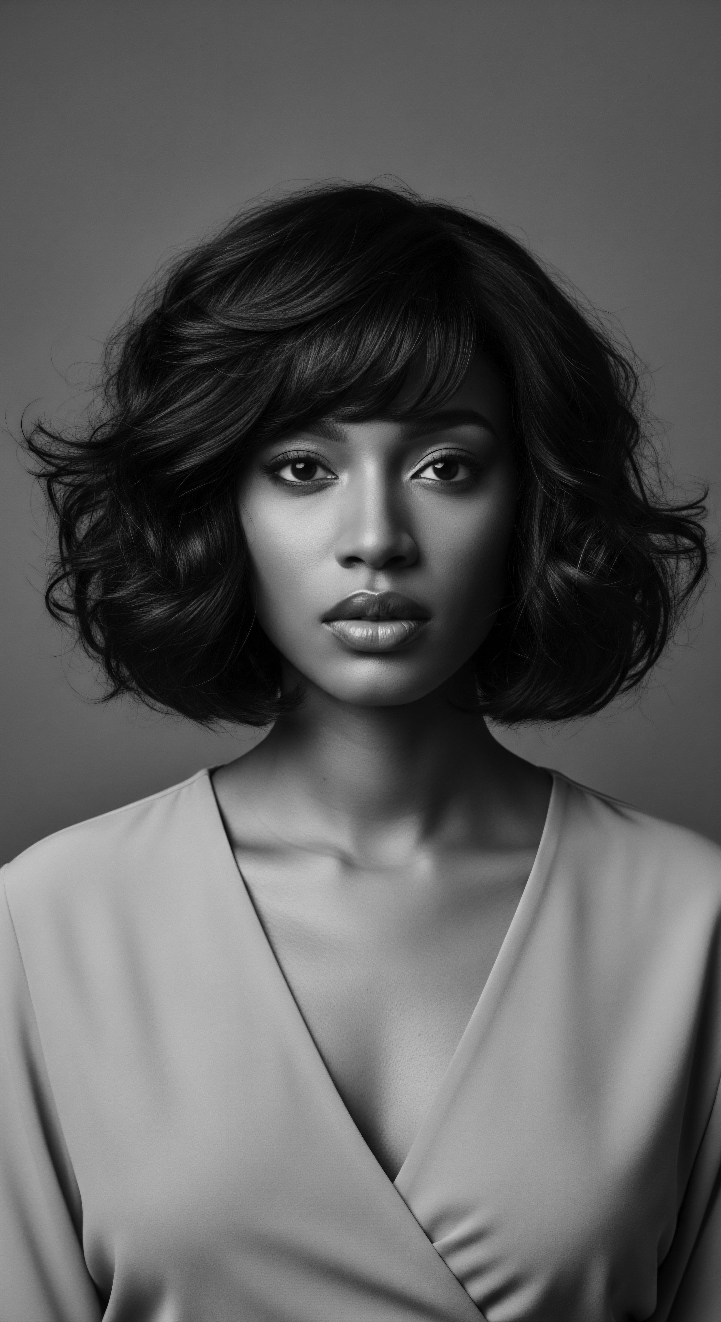 The monochrome palette adds timeless elegance to this portrait, highlighting the inherent beauty of the woman's features and the expressive nature of her textured, short natural hair style, which embodies both cultural pride and personal expression, resonating with narratives of identity, heritage, and empowerment.