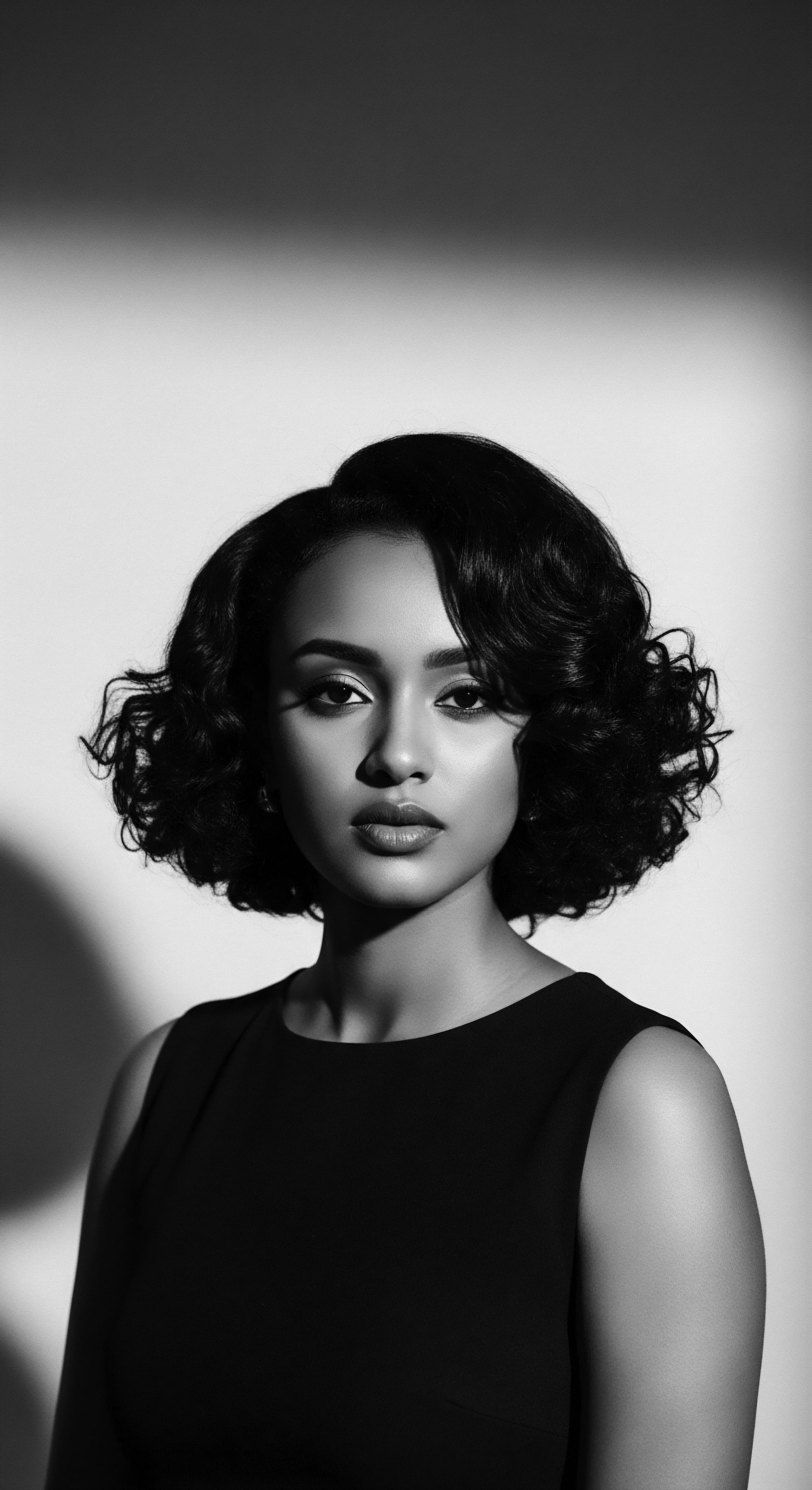 This black and white portrait captures the essence of timeless elegance, highlighting the beauty of her coily bob hairstyle, symbolizing strength and grace. The interplay of light and shadow accentuates her natural features, reflecting both minimalist style and a celebration of natural heritage.