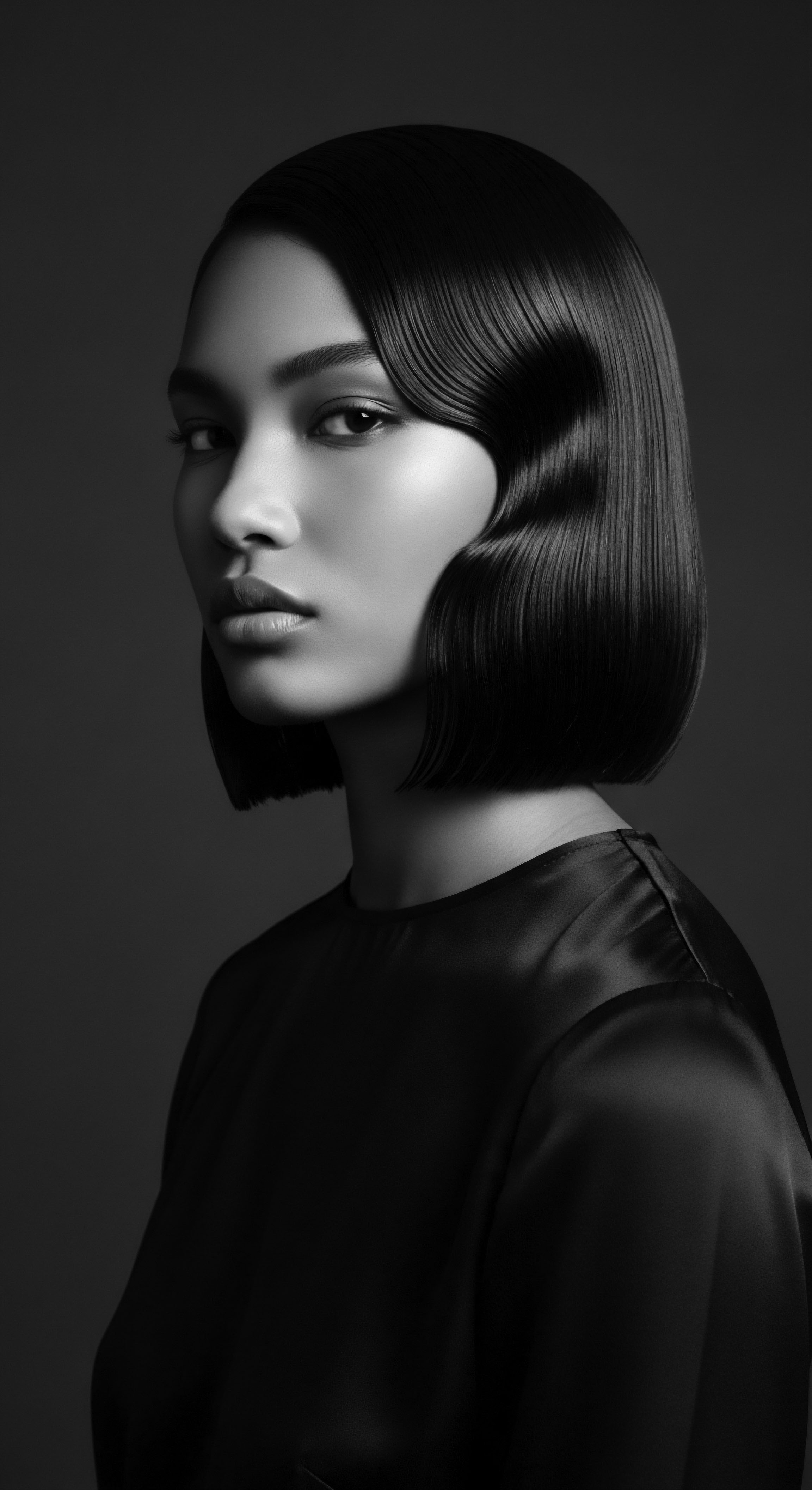 Elegant Black and White Portrait of a Woman with Sculpted Bob Hairstyle The monochromatic portrait captures the artistry of hair sculpting, celebrating the beauty of texture and symmetrical lines in a contemporary twist. The woman’s poised expression and luminous complexion draw the viewer in, symbolizing confidence and the enduring beauty of self-expression through artful coiffure.