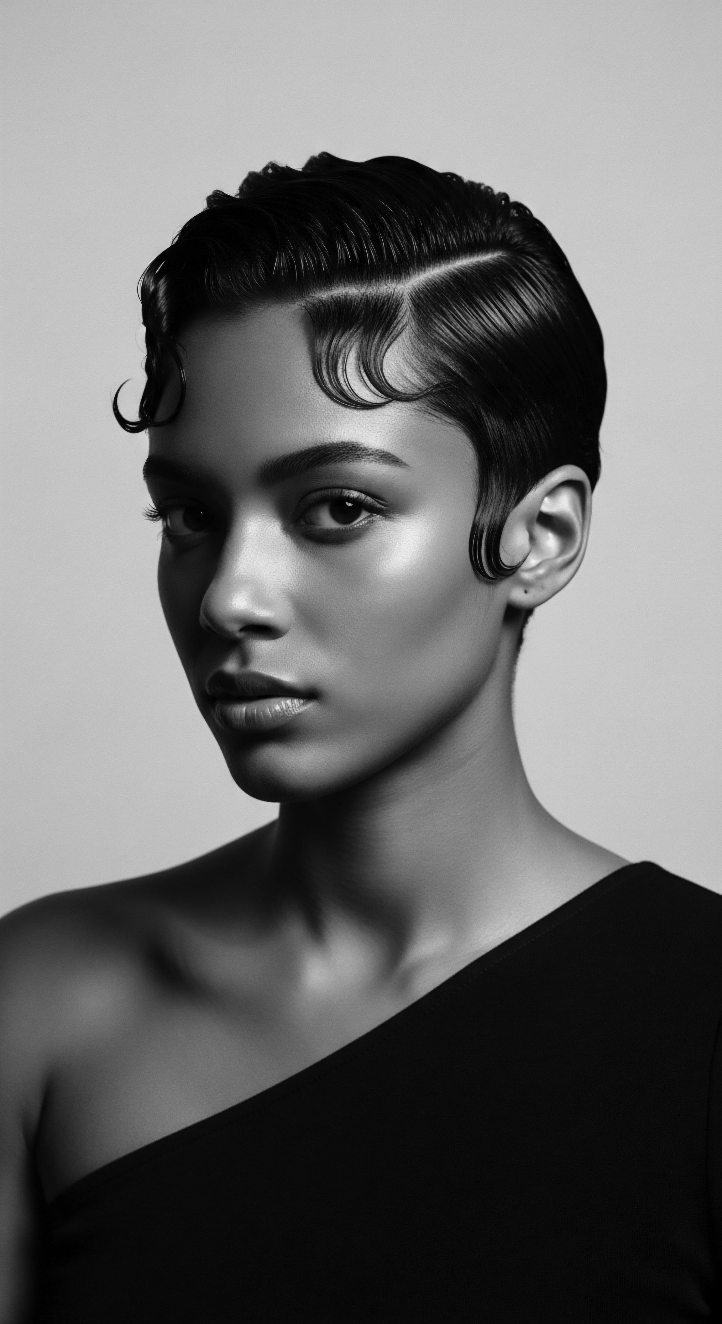 This striking portrait highlights the artistry of short, sculpted hair, emphasizing distinct finger wave formations and the deep connection to expressive heritage. The refined aesthetic, captured in monochrome, invites reflection on the enduring appeal of textured hair artistry.