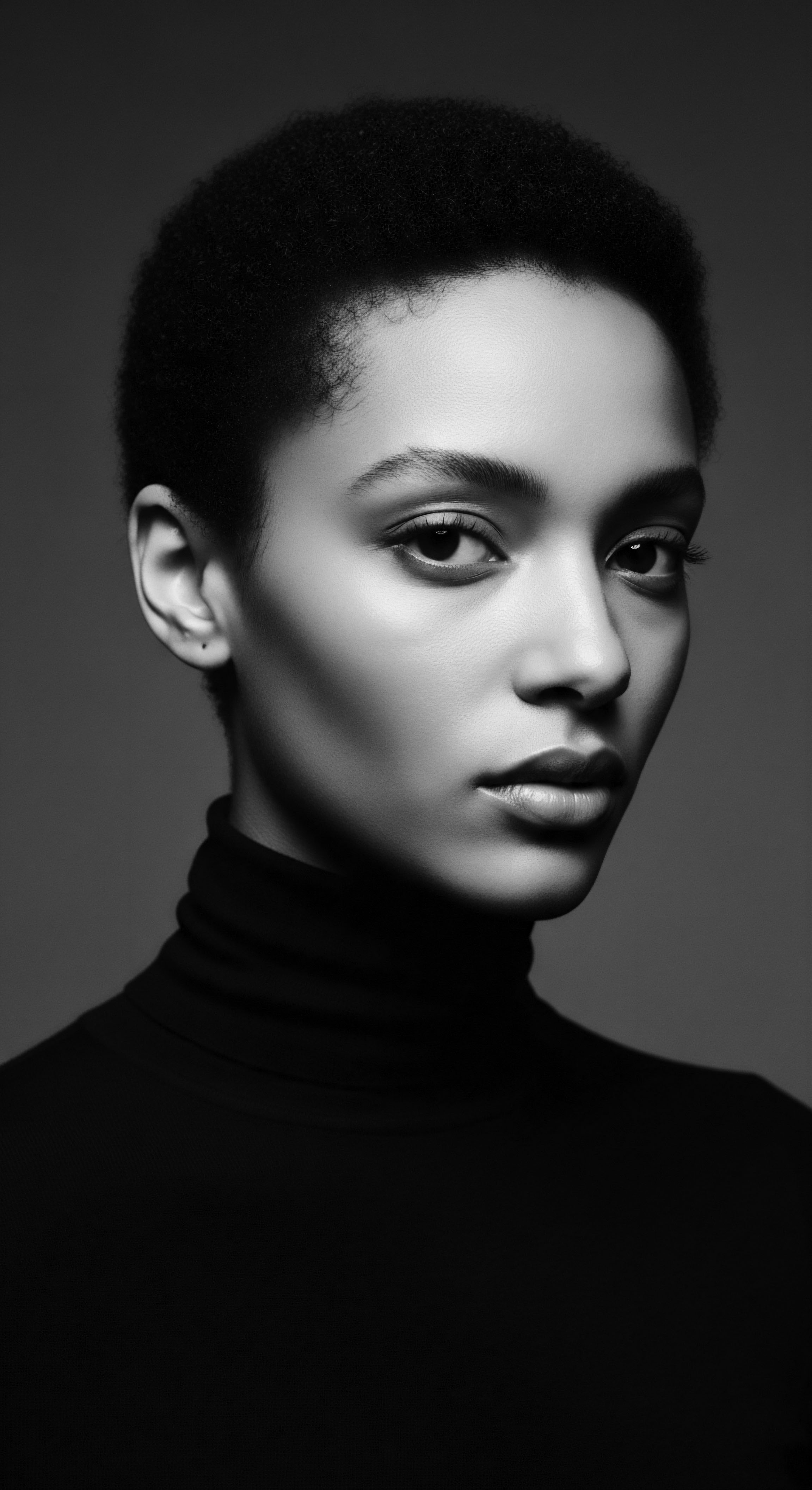 Elegant Black and White Portrait of Woman with Short Afro Hairstyle The monochrome portrait explores the beauty of diverse textured hair forms and features of melanin rich complexions. This exploration is a celebration of natural hairstyles that represent cultural heritage, self expression, and serves as a focal point for holistic well being and identity.