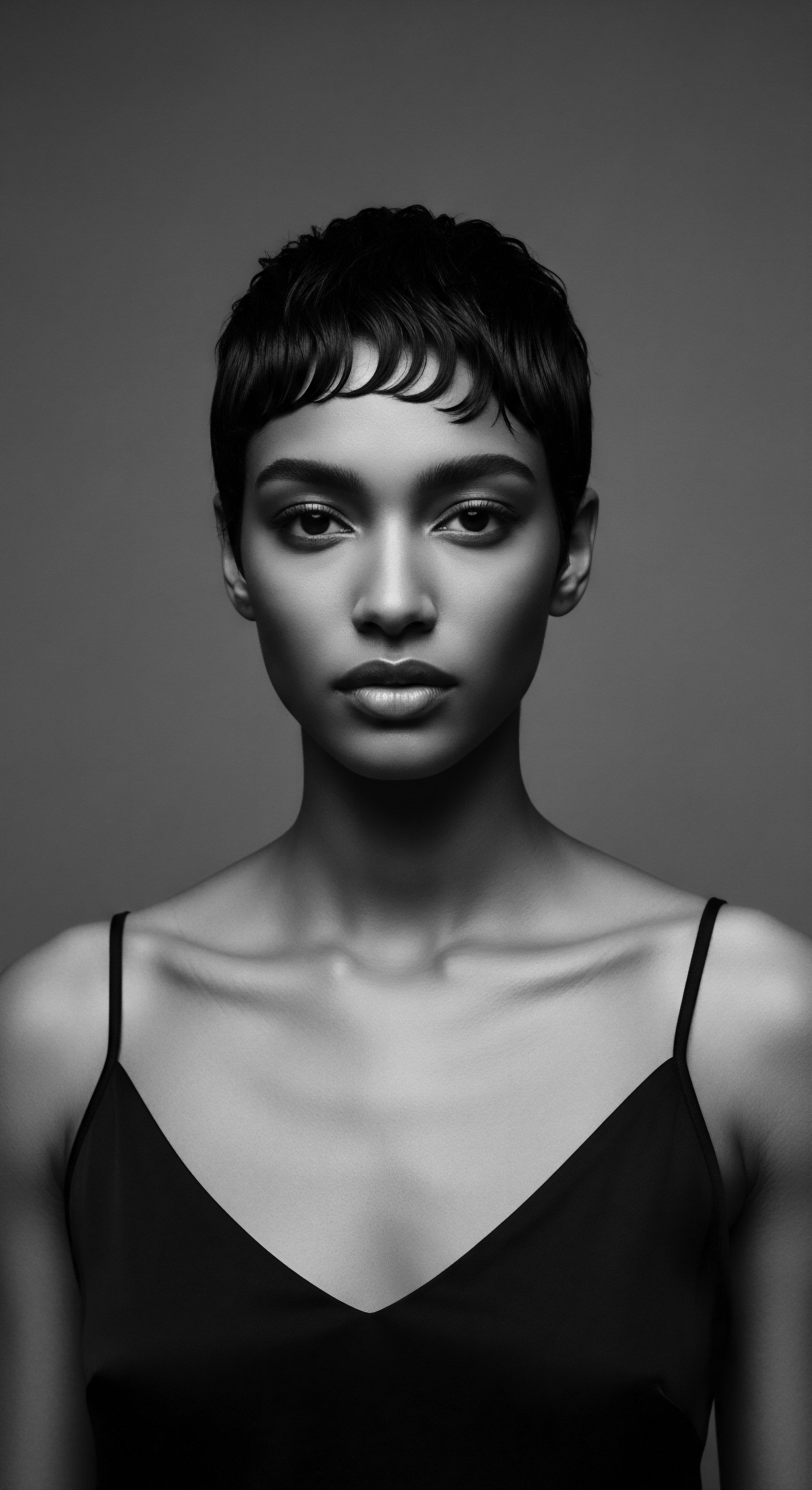 A striking monochrome portrait captures a woman with an expertly shaped short textured haircut, highlighting her refined features. Light and shadow dance across her face, emphasizing bone structure and showcasing the hair's natural coil. The composition exudes both strength and serenity, emphasizing Afro-textured hair form.