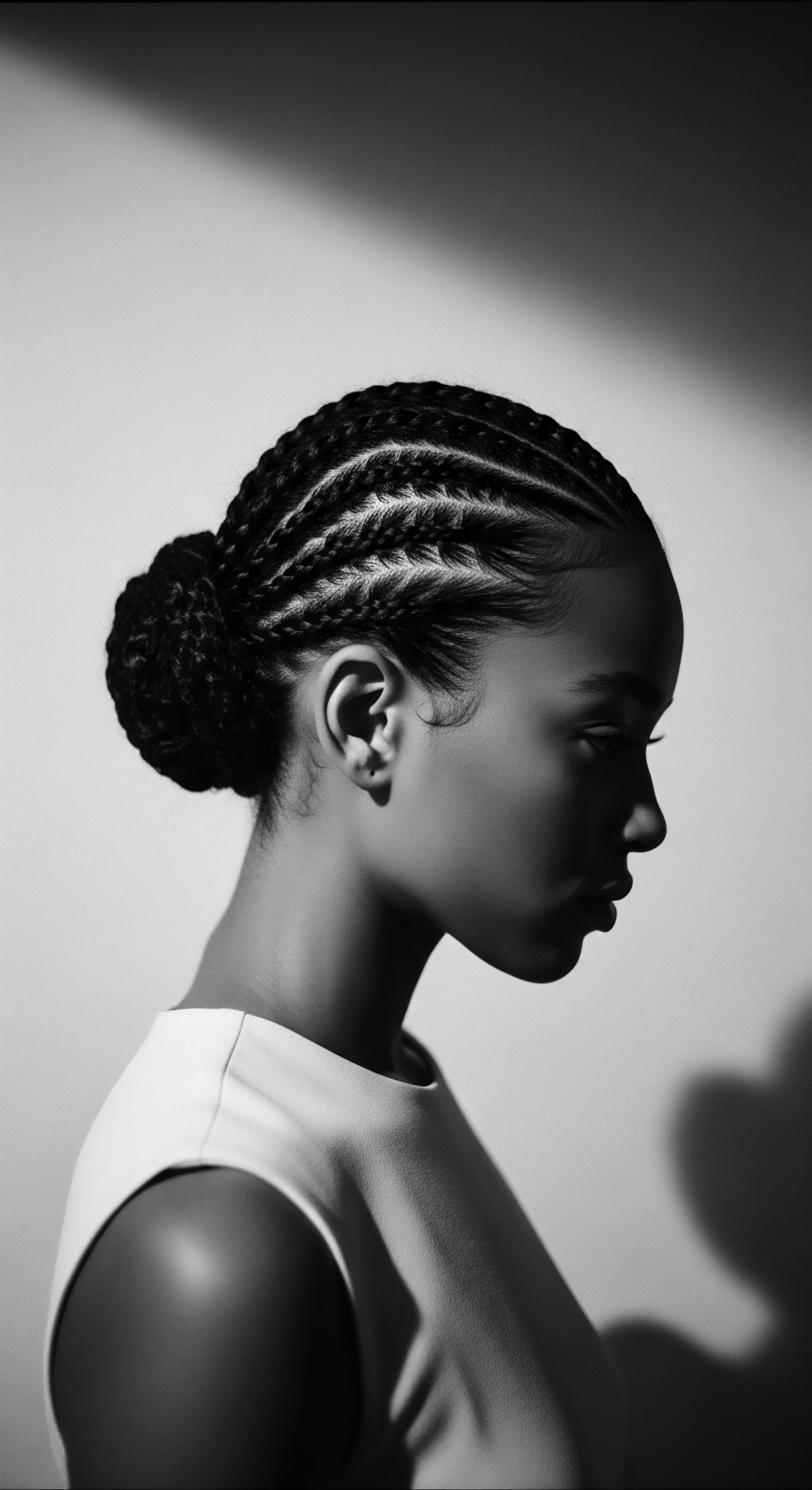 Elegant Black Woman Braided Hairstyle Updo Regal Profile Black and White Portrait This black and white portrait embodies ancestral heritage with its intricate braided updo, a timeless styling of textured hair which speaks volumes of cultural identity and the enduring artistry within Black hair traditions each braid reflecting meticulous detail in the pursuit of beauty and wellness.