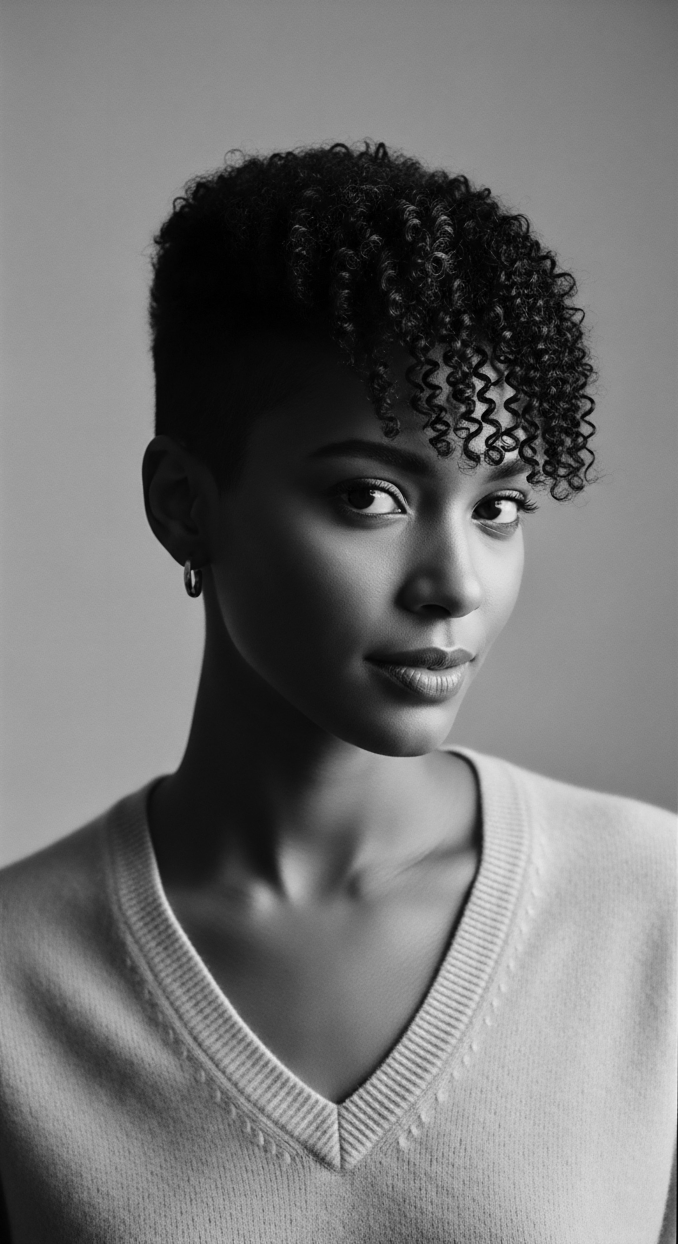 Elegant Black Woman Portrait Natural Coiled Hair Undercut Style Beauty Through balanced composition and stark contrast, the portrait honors strength, beauty, and self expression, presenting the interplay of heritage, hair innovation, and identity. Her intentional style reflects personal narrative woven into the very coils of her being.