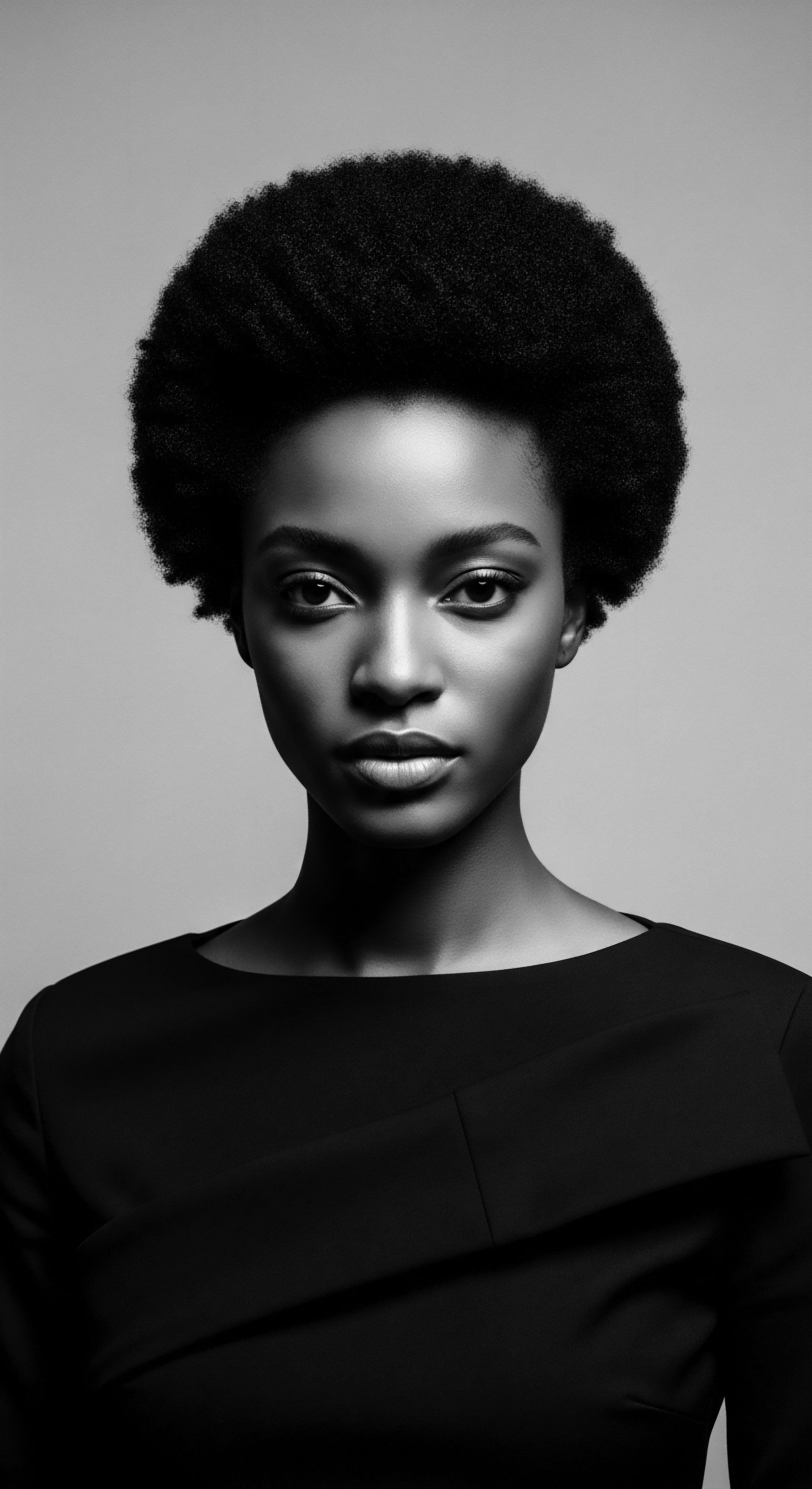 Elegant Black Woman with Afro Hairstyle in Studio Portrait Black and White Classic beauty radiates from this afro-adorned Black woman in a stark black and white studio setting, honoring heritage. Her composed demeanor and the spotlight on her natural hair texture capture strength, celebrating Black hair traditions and identity through expressive hairstyling.