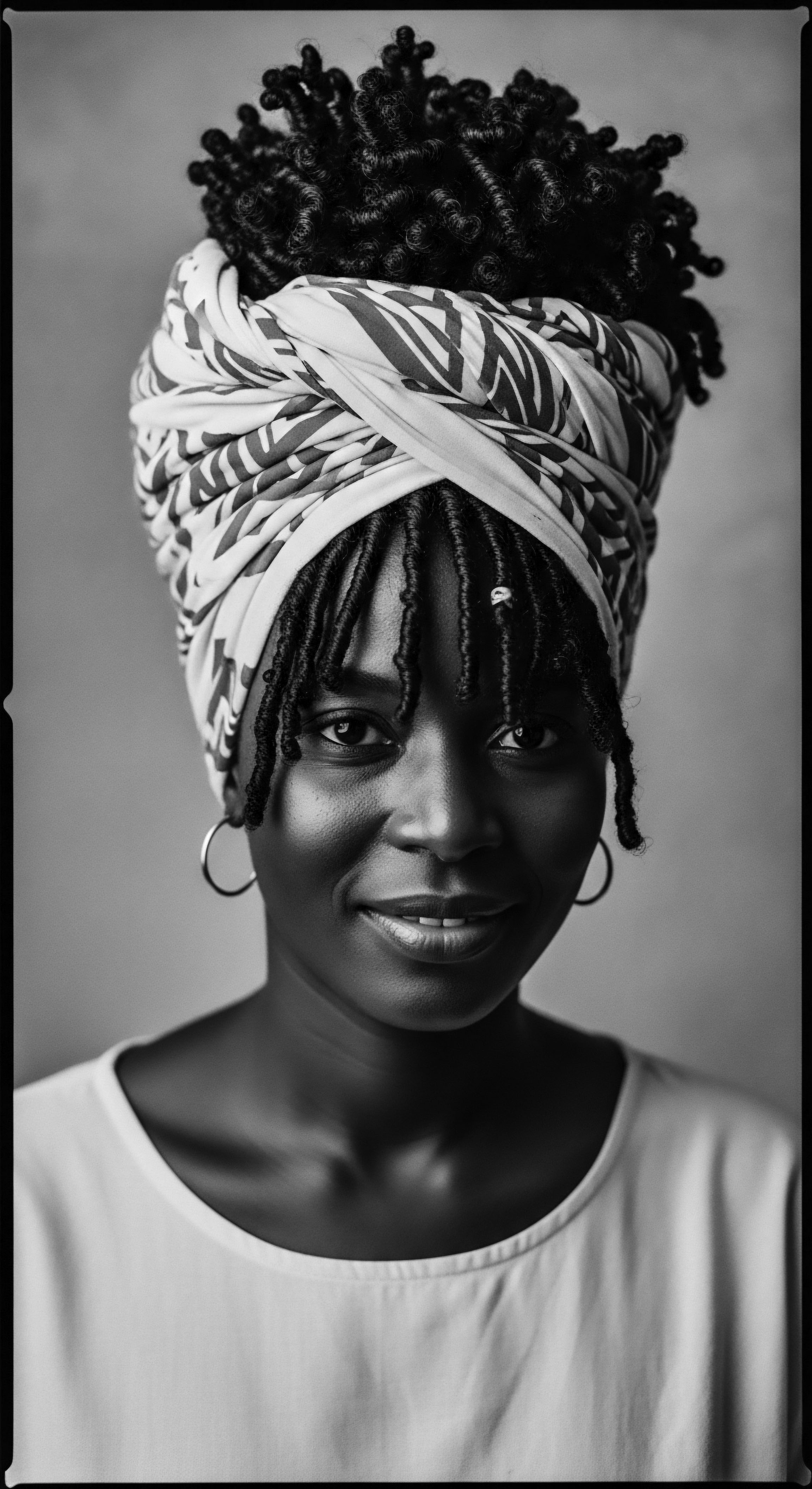 The portrait of this Black woman radiates cultural pride, her textured hair styled in a braided crown beneath a striking headwrap, symbolizes her rich heritage. Her expression is one of quiet strength, reflective of holistic beauty, wellness, and the enduring legacy expressed through her hair's beautiful formation.