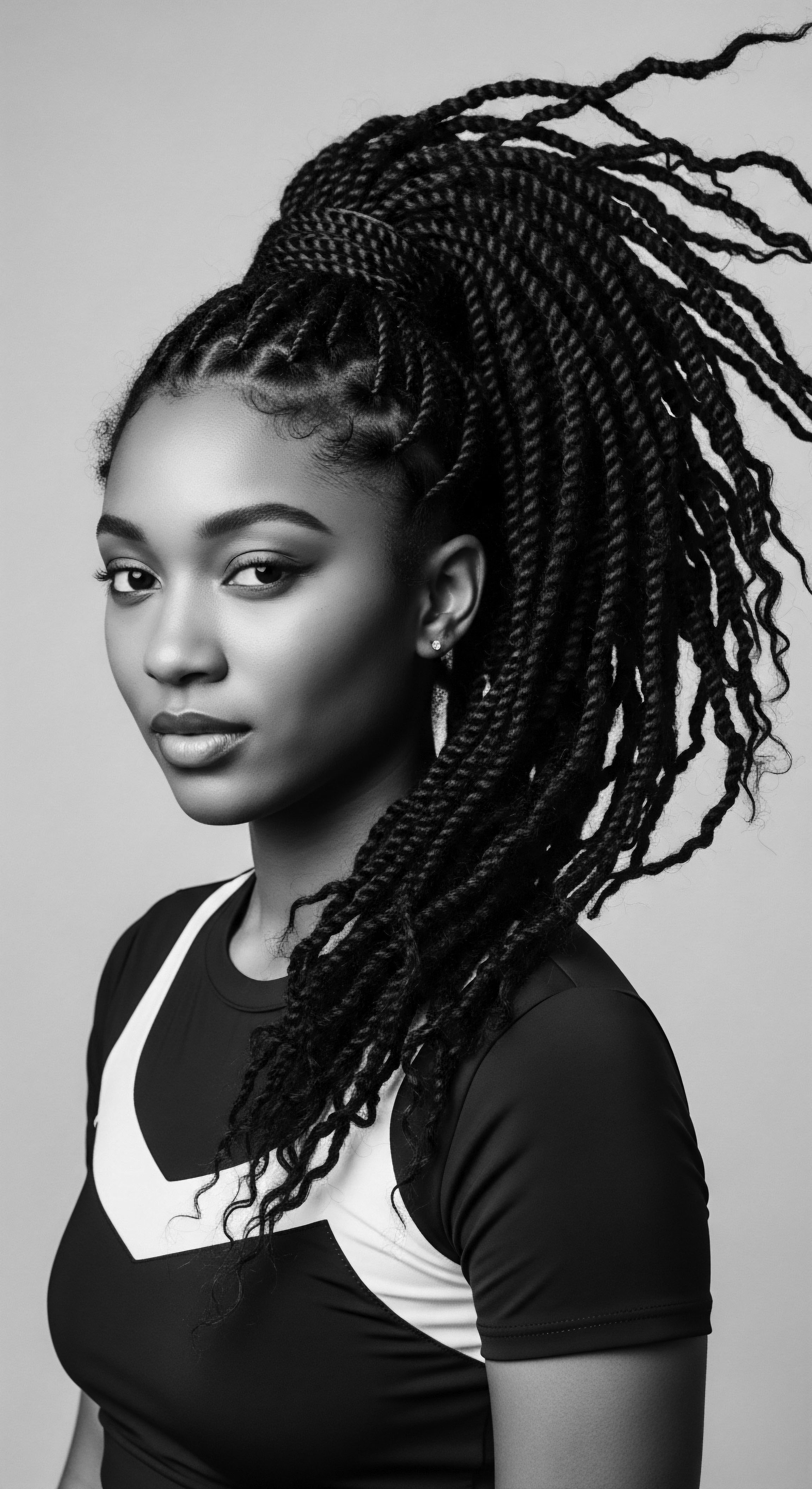 Elegant Black Woman with High Ponytail of Protective Braids B&W Portrait This black and white portrait captures the artistry of protective styling, highlighting the intricate braidwork and celebrating Black hair traditions. The elevated ponytail emphasizes a strong, elegant silhouette, resonating with ancestral heritage and the expressive possibilities within textured hair formations.
