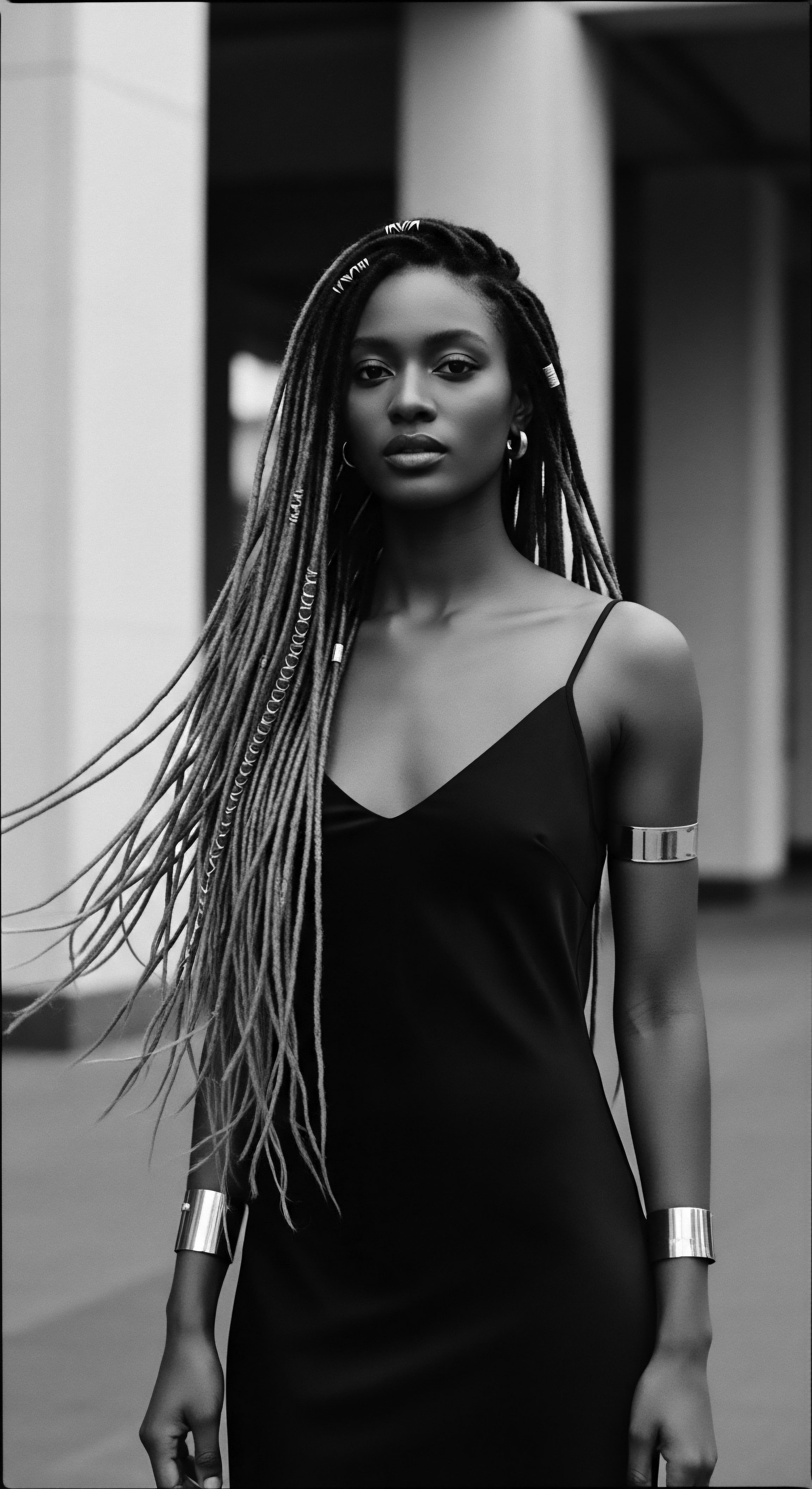 Elegant Black Woman with Locs and Silver Accessories in Black and White The woman embodies refined sophistication in her black dress and silver jewelry, with her artfully styled locs radiating both heritage and modern elegance. Her confident look and the timeless black and white aesthetic connect to themes of identity, beauty, and the enduring power of self-expression.