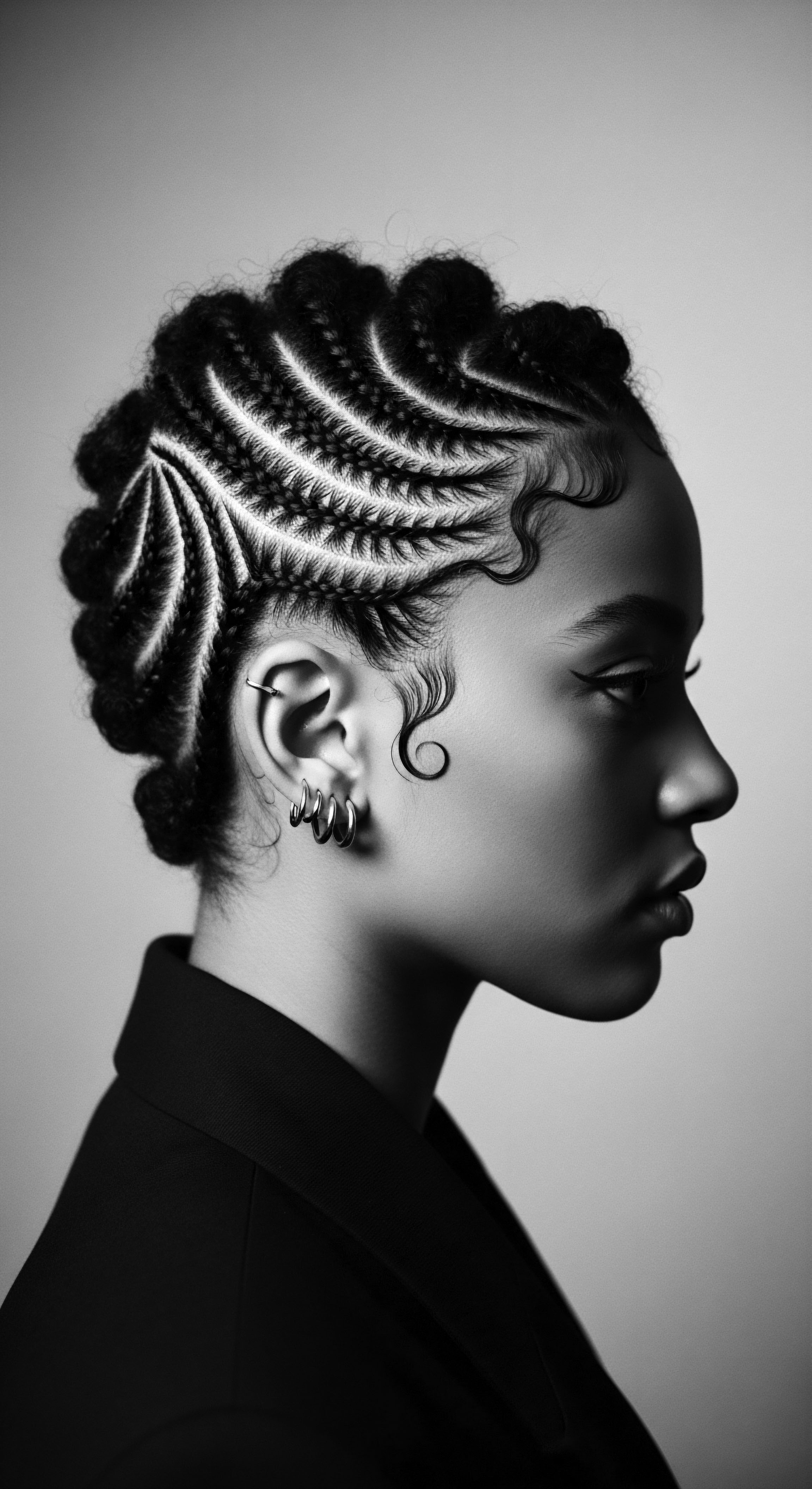 Elegant Cornrows and Defined Edges Portrait Showing Natural Hair Artistry This striking black and white portrait celebrates natural hair expression through intricate cornrow designs styled into tight coils. The image echoes historical braiding traditions, elevated by contemporary styling and sharp makeup, merging ancestral artistry with modern aesthetics and showcasing the beauty and versatility of Black hair traditions.
