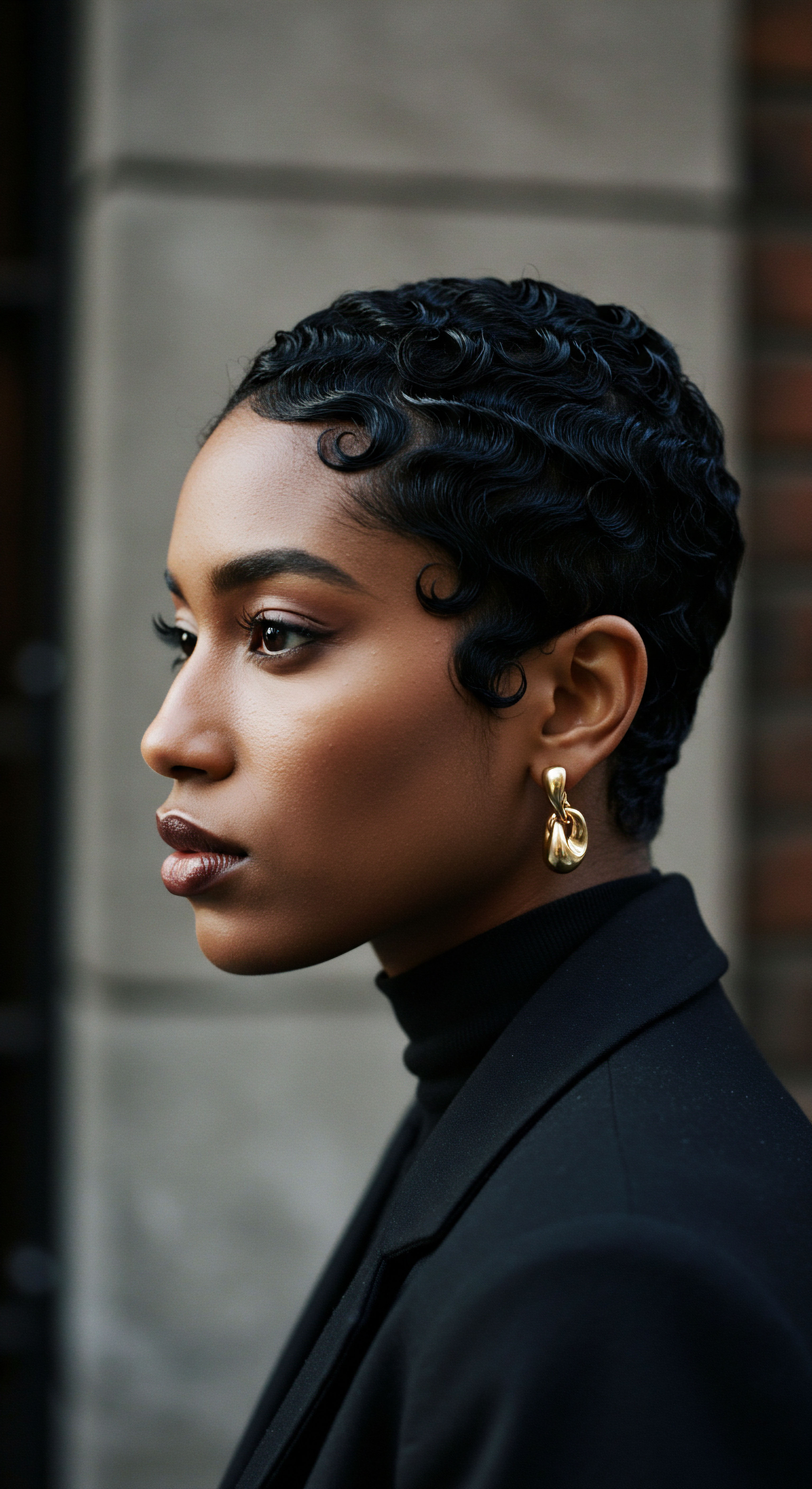 Elegant Fingerwaves on Textured Hair A Study in Refined Styling and Heritage Care Capturing stunning precision, this profile showcases immaculate fingerwaves on luminous Textured Hair. The sophisticated Styling emphasizes exquisite S-pattern definition, a testament to expert Hair Care. This look truly celebrates Black Hair artistry and diverse heritage, highlighting innate pattern versatility for elevated styling.