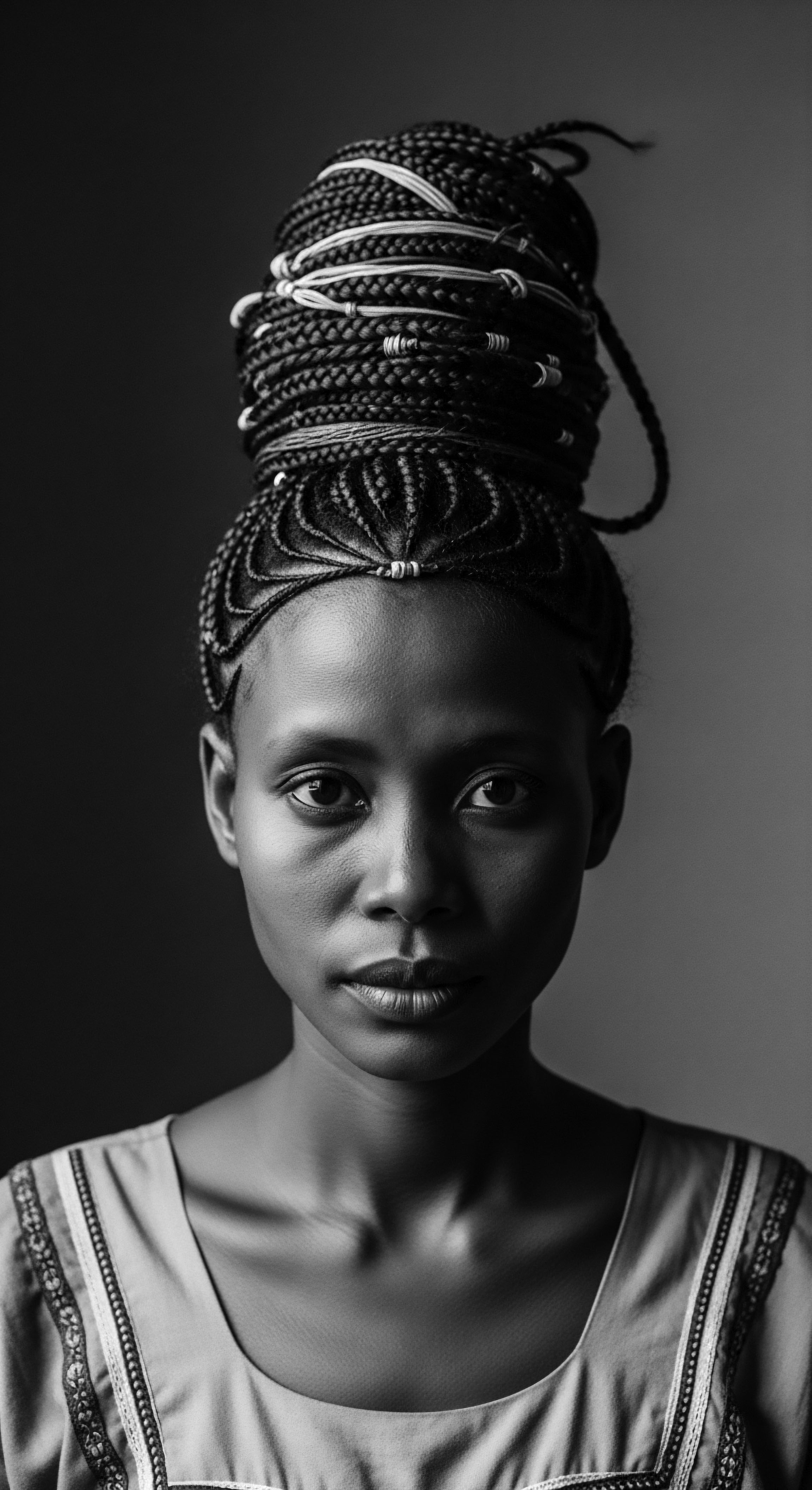 Elegant Portrait: Braided Updo Reflecting Ancestral Heritage and Coily Hair Artistry This portrait reflects beauty within 4c high-density coily hair textures, adorned in a skillfully executed braided updo, representing ancestral strength and cultural pride. The style highlights micro braiding artistry and the embracing of natural sebaceous balance, while celebrating African heritage within expressive styling and holistic hair care traditions.