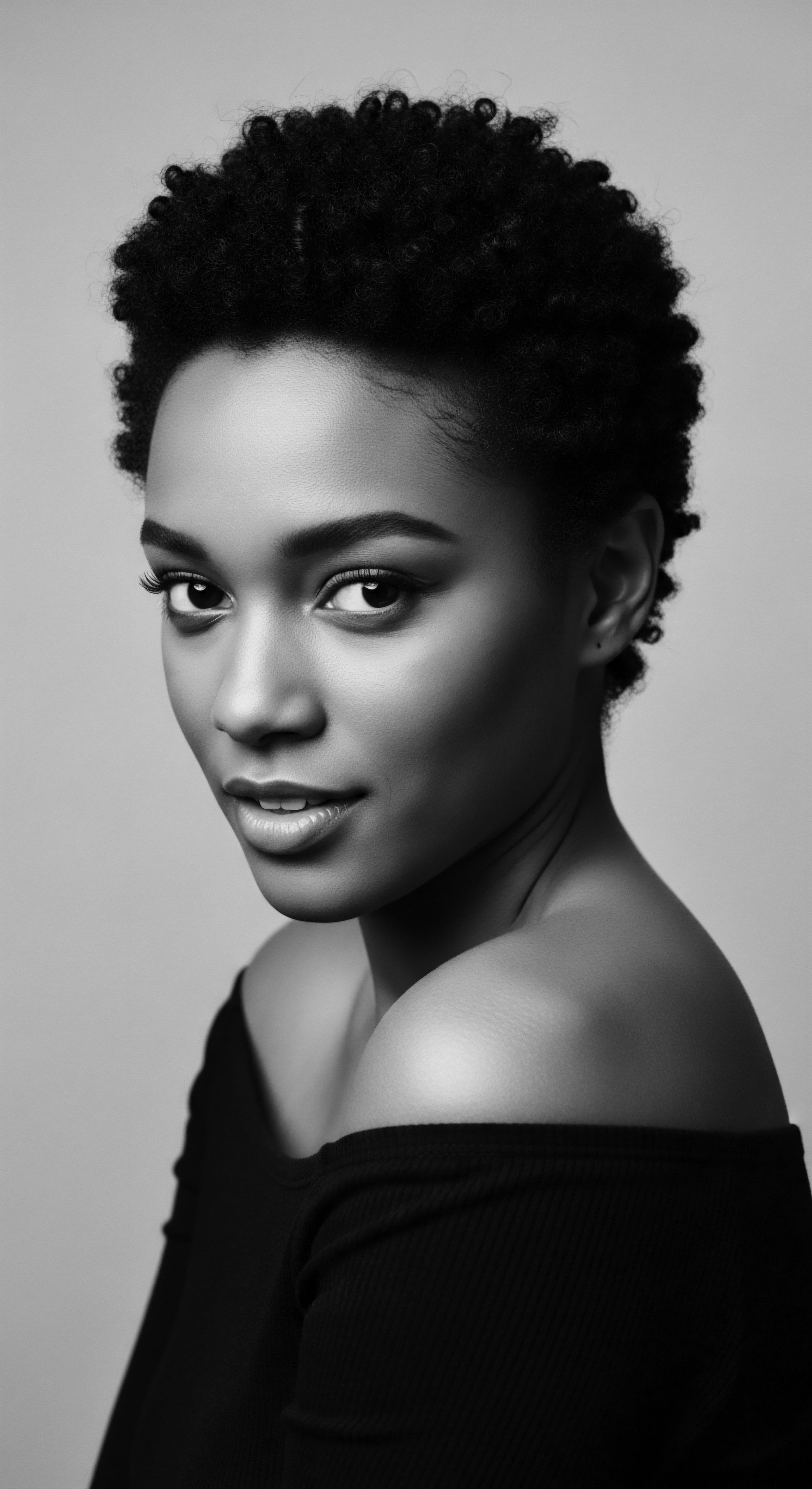 Elegant Portrait of a Beautiful Woman with Natural Afro Hair Style The black and white portrait showcases the beauty of Afro coiled hair, creating an intimate connection with the viewer. The lighting adds depth to the image, capturing the essence of her texture and heritage, emphasizing the importance of self-expression and natural beauty within beauty standards.