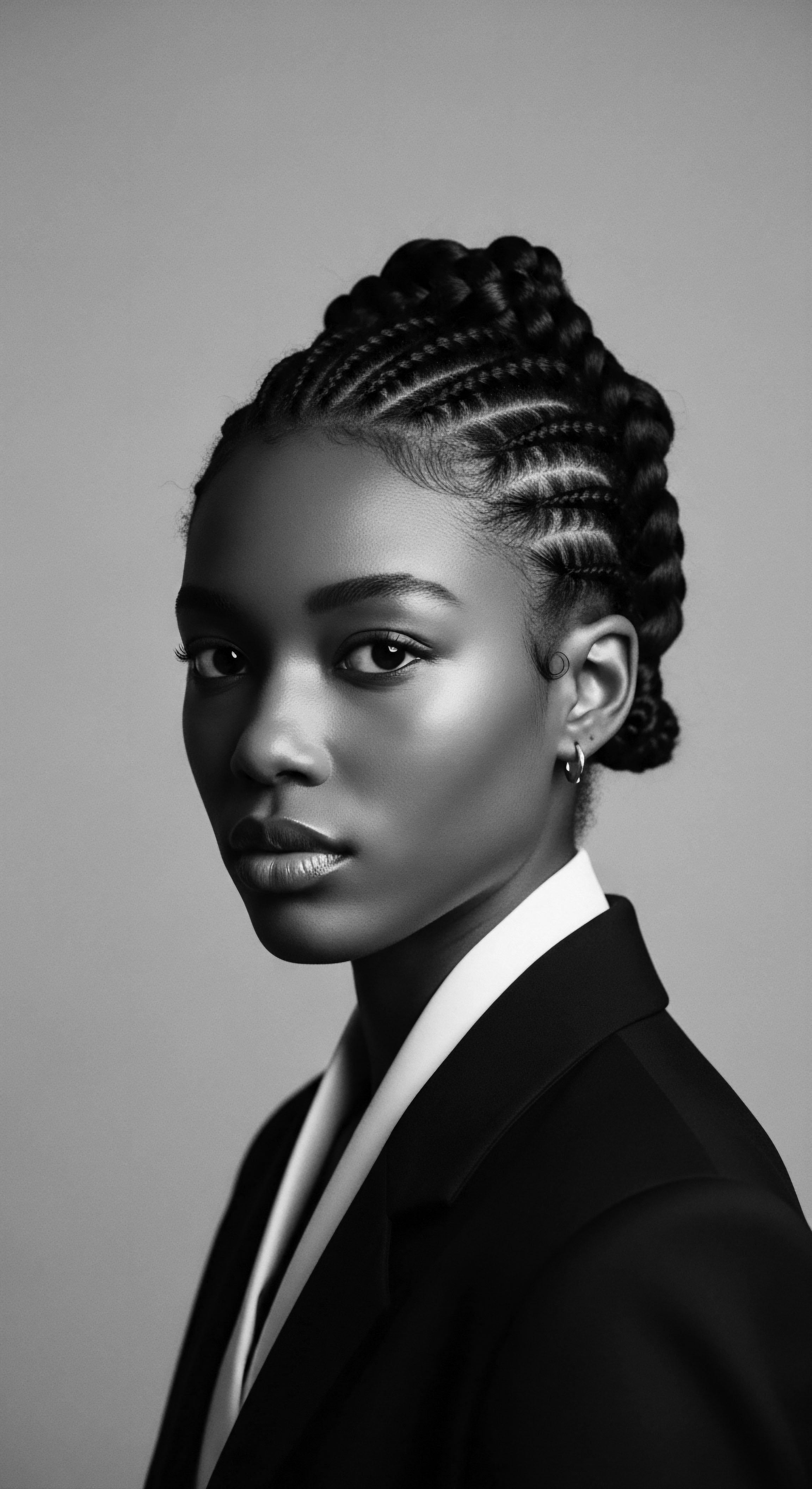 The striking black and white portrait emphasizes the elegance of cornrow braids and the power of professional attire, reflecting a fusion of heritage and contemporary poise. The image captures the beauty of textured hair artistry, celebrating ancestral traditions intertwined with modern sophistication and expressive styling.