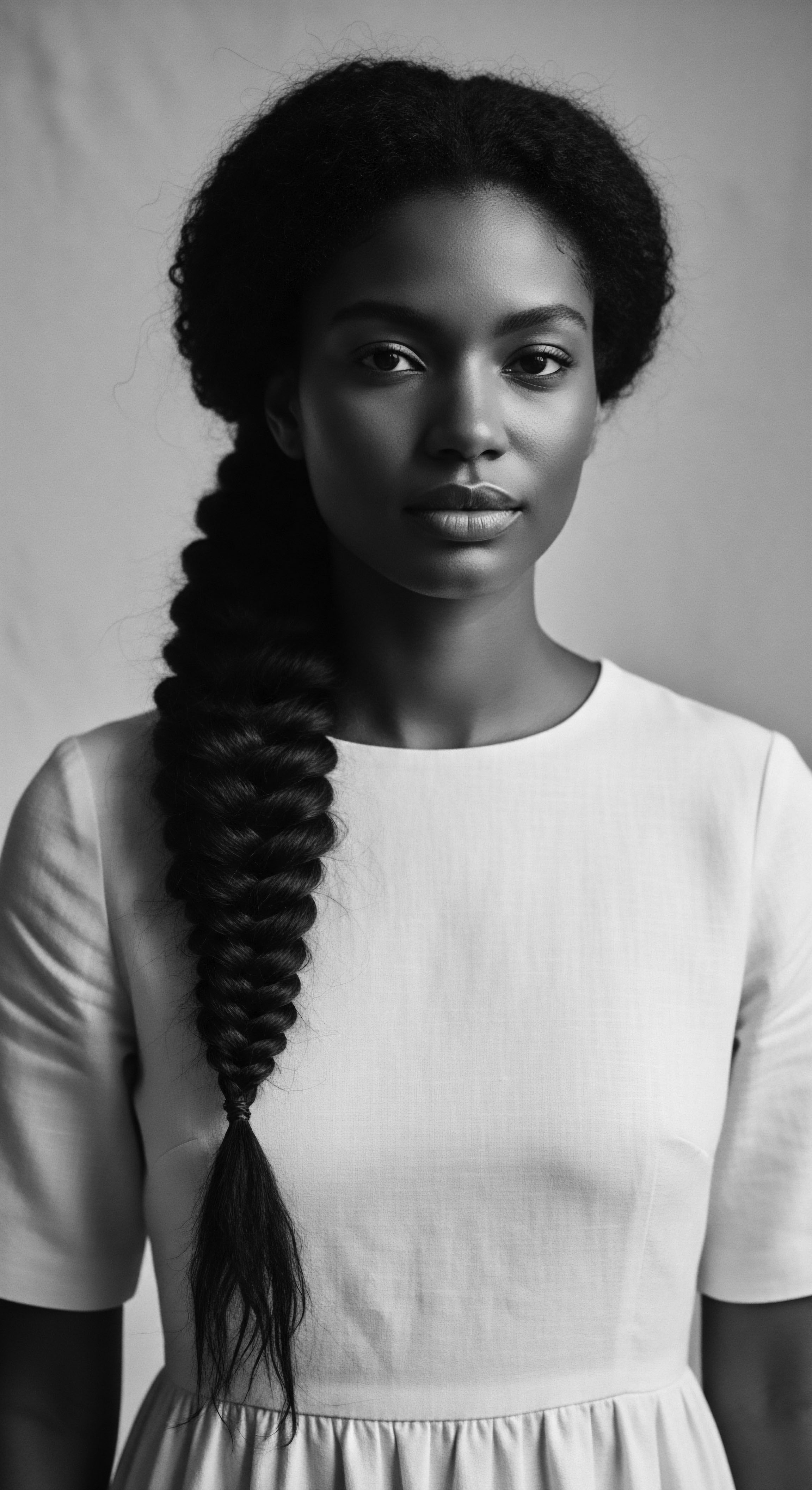 Elegant Portrait of a Black Woman with Intricate Braid Hairstyle This portrait captures the serenity of a Black woman’s beauty, with the detailed braid reflecting ancestral heritage meeting contemporary expression, while the soft monochromatic tones invite reflection on the enduring elegance of natural coily hair and self-acceptance.