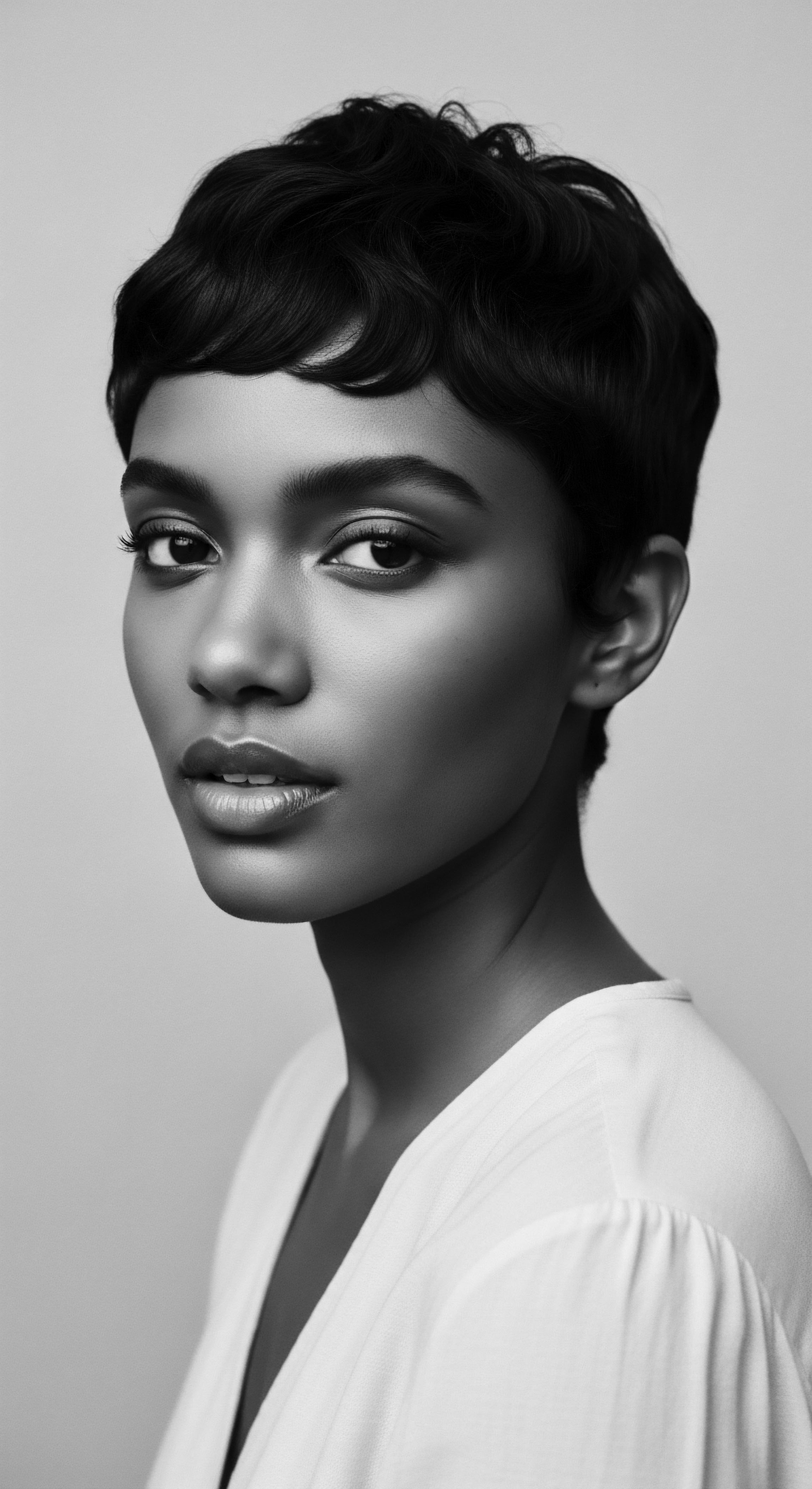 Elegant Portrait of a Woman Showcasing Short Pixie Hairstyle and Bold Stance Monochromatic light enhances the interplay of dark and light within this striking portrait. Expertly styled short formation accentuates the features, reflecting the power of embracing one's natural hair heritage through expressive styling.