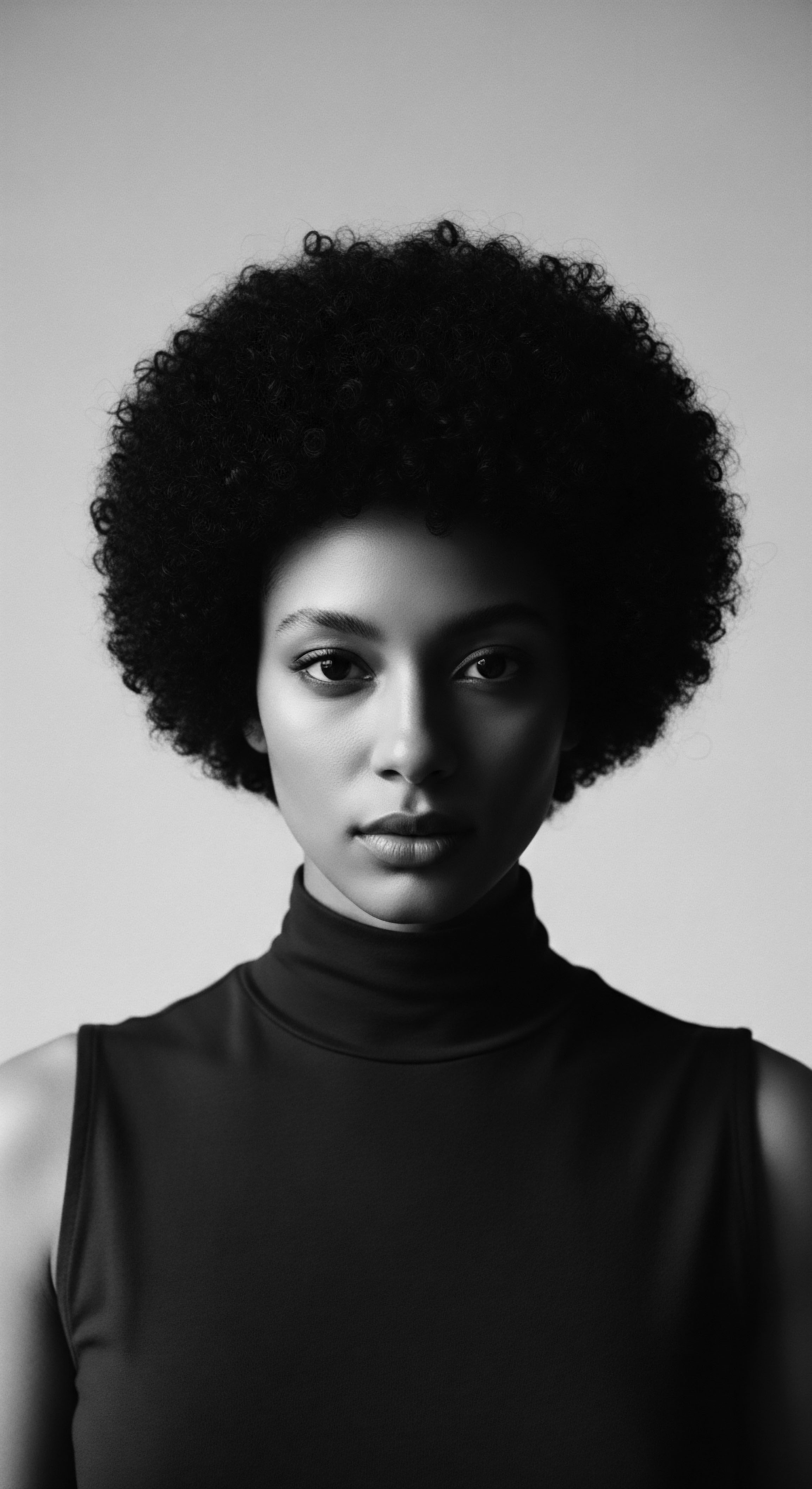 Elegant Portrait of a Woman with Afro Textured Hair in Black and White This black and white photograph captures the essence of natural afro textured hair, celebrating its springy coil formation and intricate beauty. Emphasizing its coil texture, the portrait embodies strength and confidence, promoting positive self-image and highlighting the importance of ancestral heritage and expressive styling within diverse hair narratives.