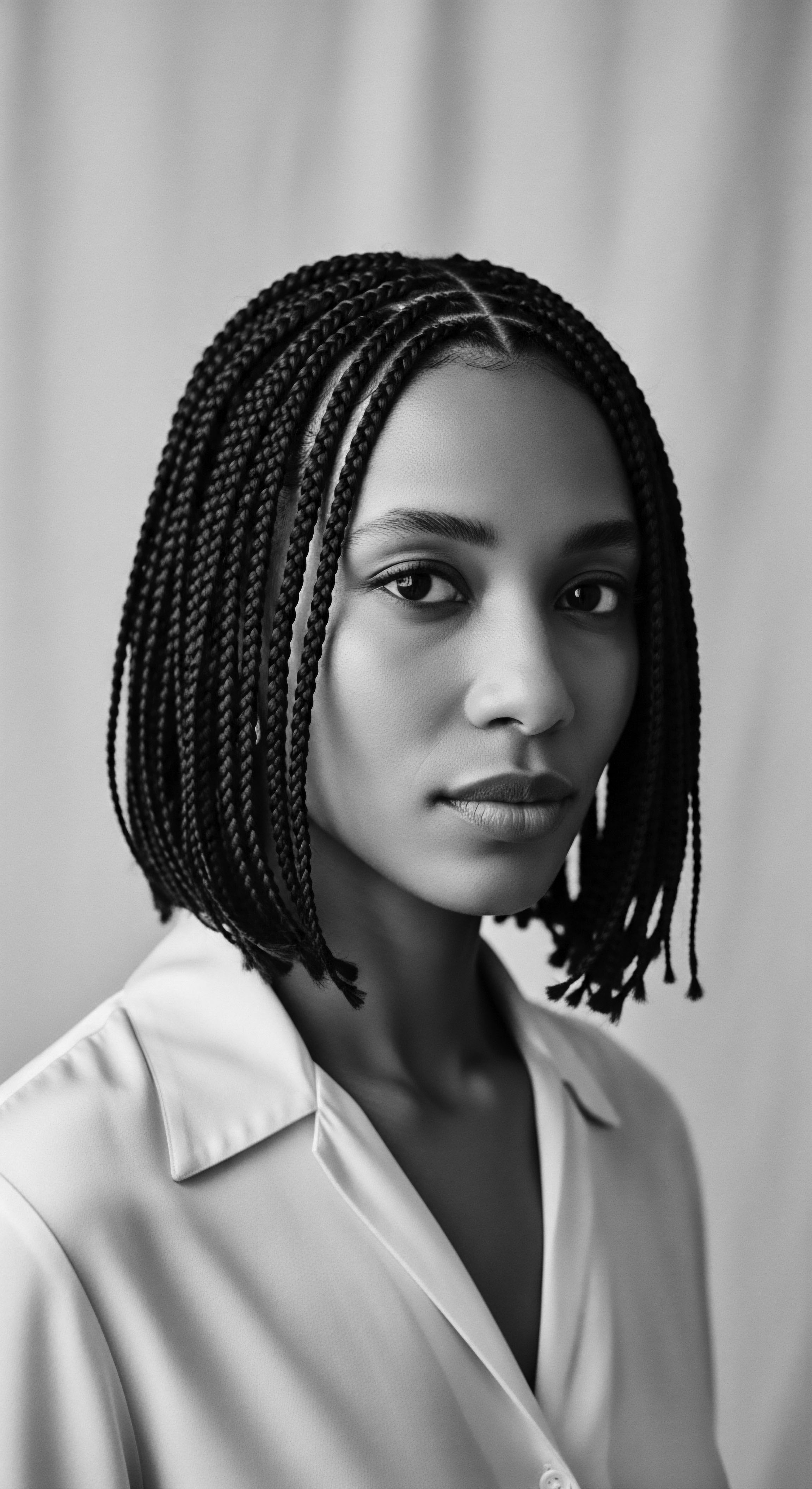 This monochrome portrait celebrates a modern take on braiding traditions. The sleek braided bob and subject's confident poise reflect contemporary expressions of identity through ancestral heritage and care of textured hair. It emphasizes the beauty and artistry of black hairstyling as a form of wellness and expression.