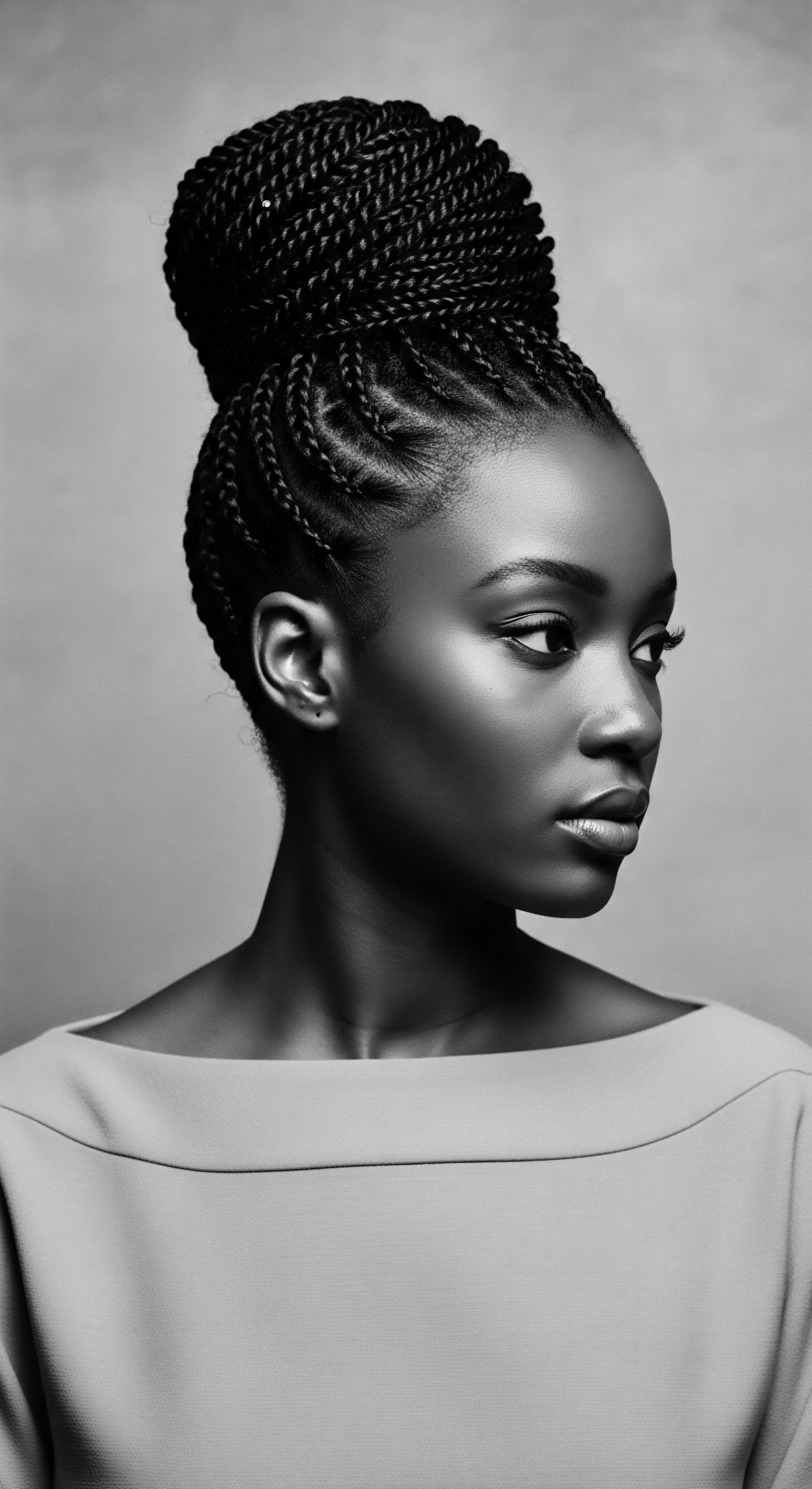 This portrait captures the timeless allure of an elegant updo, celebrating African textured hair through refined braiding and hairstyling. The image evokes ancestral heritage and expressive styling, presenting a harmonious blend of cultural tradition and modern beauty standards.