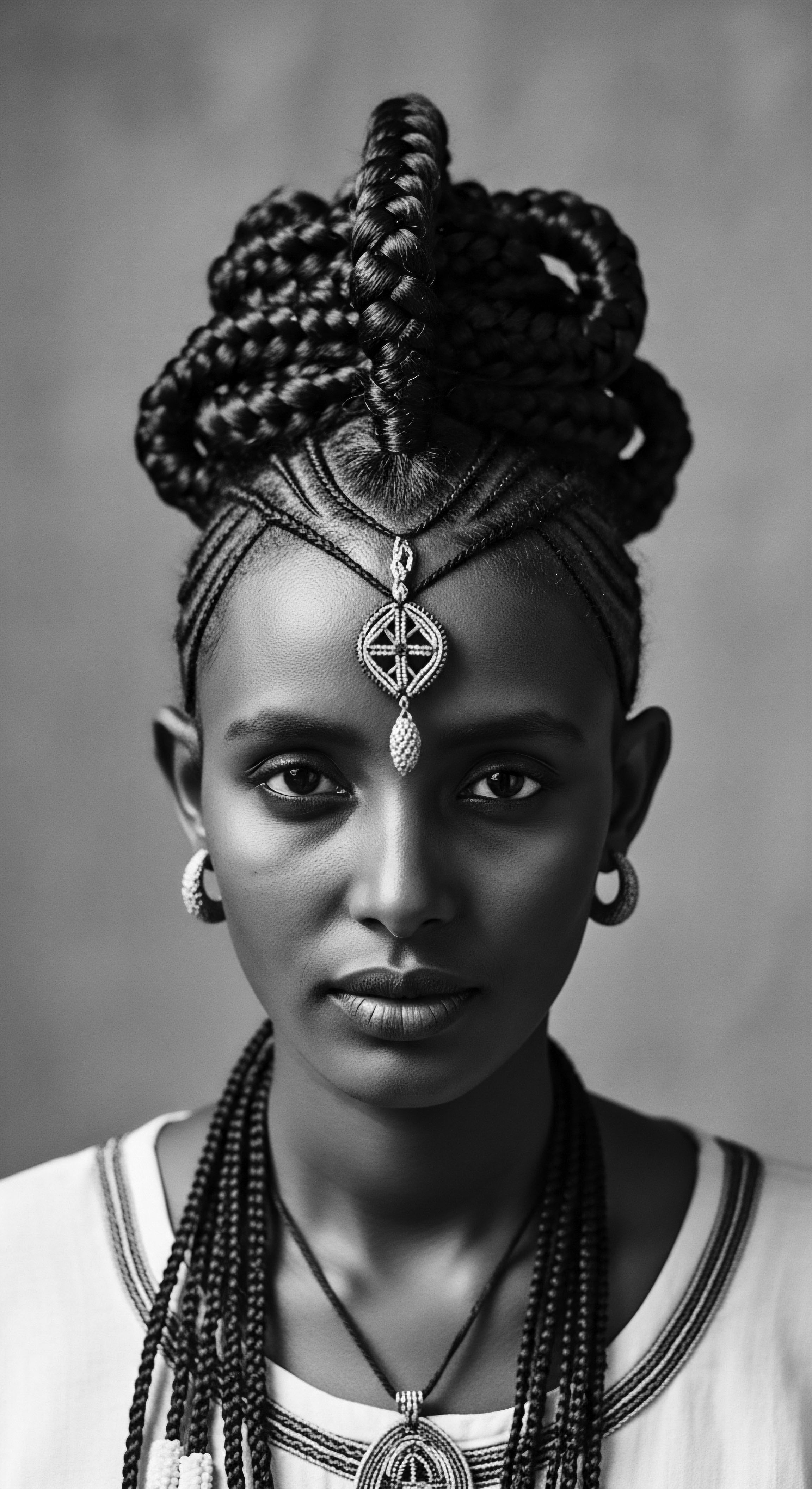 Elegant Portrait of a Woman with Intricate Braided Hairstyle and Ornament The woman's compelling gaze, framed by her elaborate braided hairstyle and ornamental jewelry, invites contemplation on identity, cultural heritage, and the powerful artistry of Black hair traditions expressed through expertly crafted coils and patterns. The composition highlights the beauty and complexity inherent in textured hair.