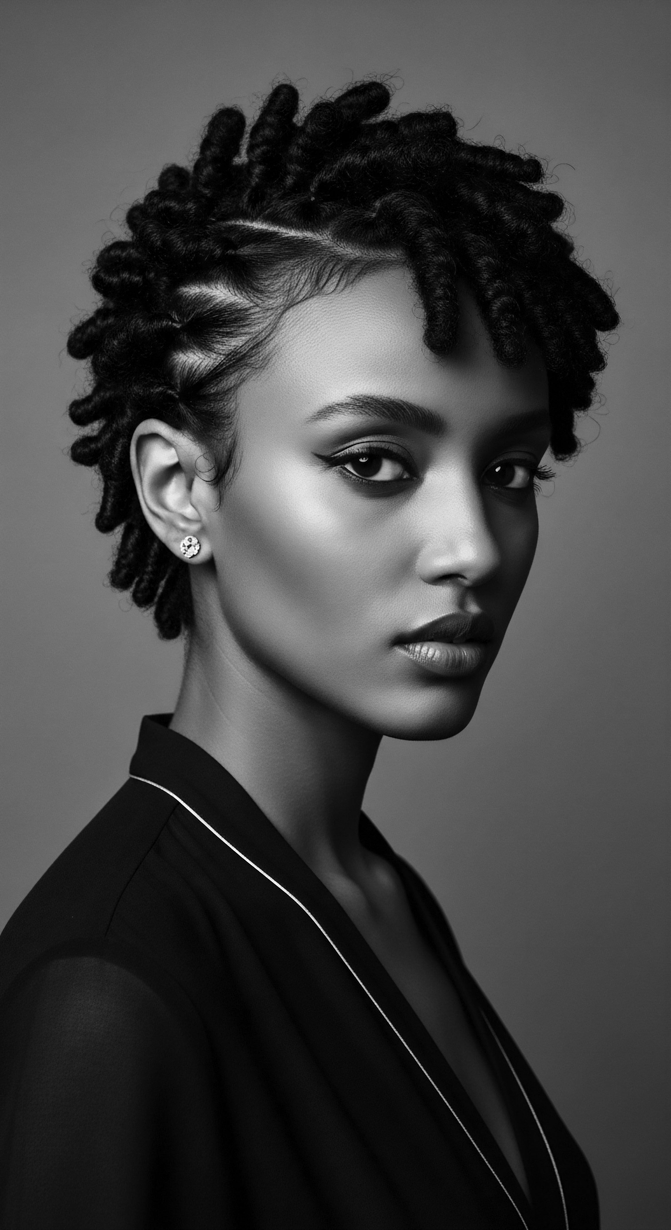 Elegant Portrait of a Woman with Protective Hairstyling in Black and White The monochrome portrait captures a woman's confident gaze, adorned with coiled textured hair expertly styled for protection. Braiding patterns frame her face, blending ancestral traditions with contemporary elegance. This image celebrates the beauty of natural hair, reflecting cultural pride and holistic hair care practices.