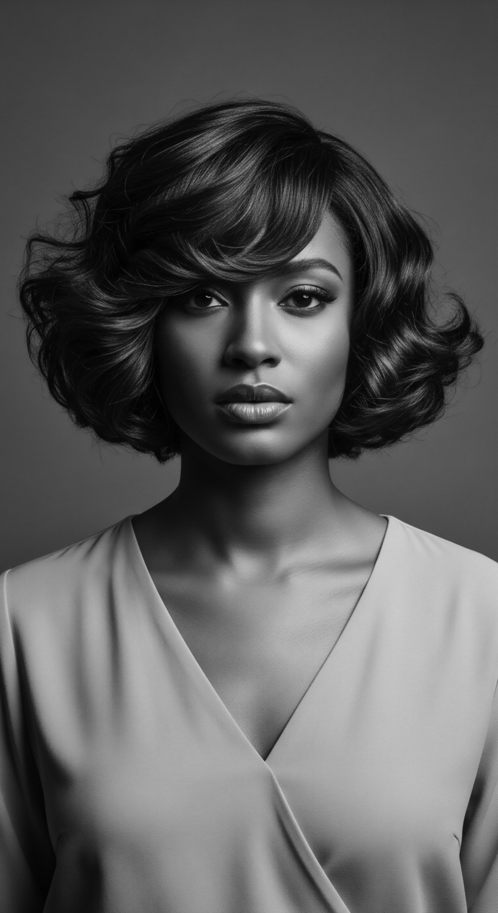 A striking black and white image features a woman with a beautifully styled, short textured hairstyle displaying volumetric shape and depth. The hair cascades in soft undulations around her face, framing her strong features. Her poise embodies timeless elegance and natural beauty, rooted in heritage hair aesthetics.