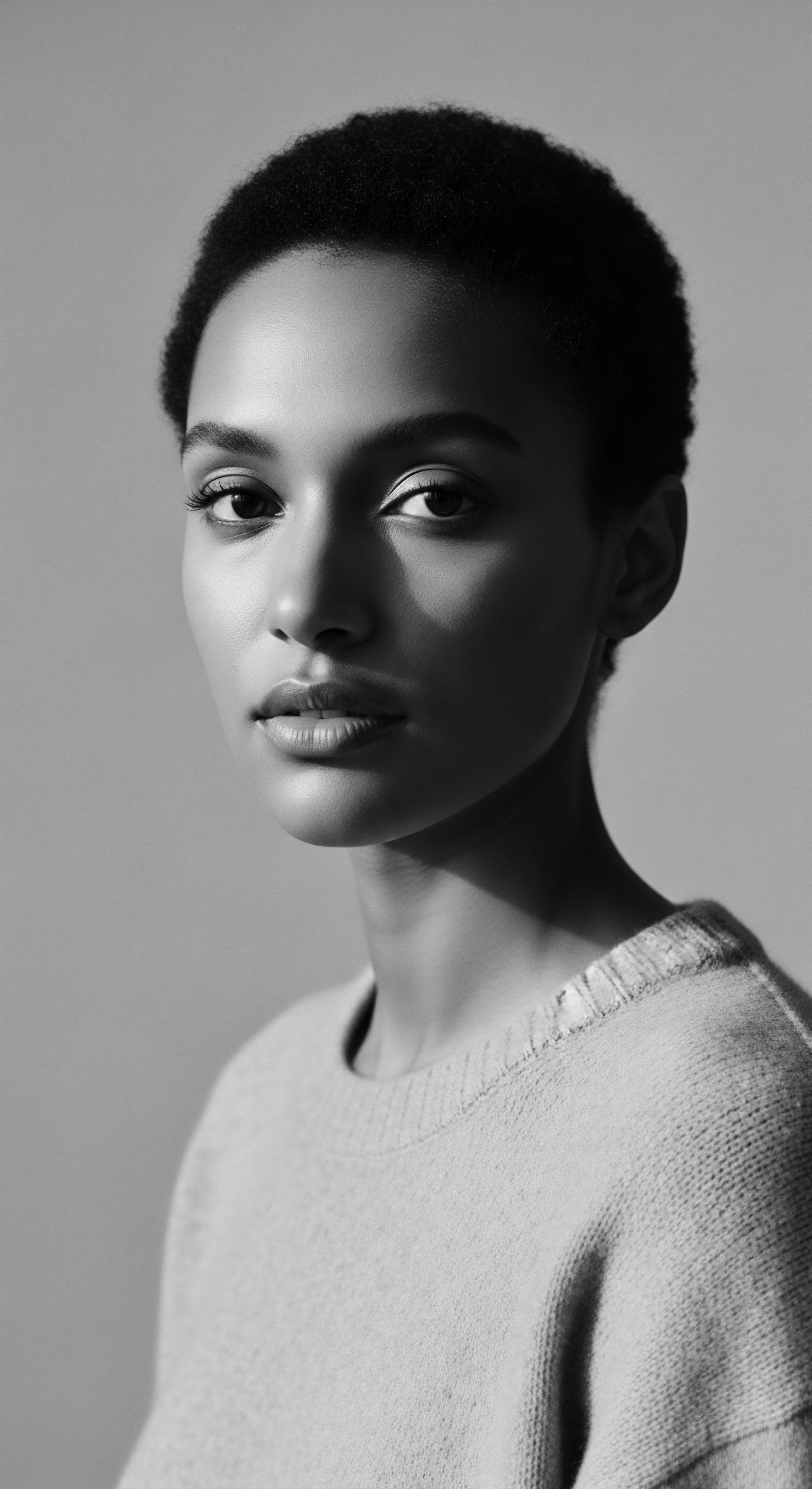Elegant Portrait of a Woman with Short Textured Hair in Black and White The striking black and white portrait embodies a celebration of natural hair texture and ancestral pride, emphasizing the inherent beauty and strength found in the distinctive coiffure that connects to heritage and offers a powerful statement of self-acceptance.
