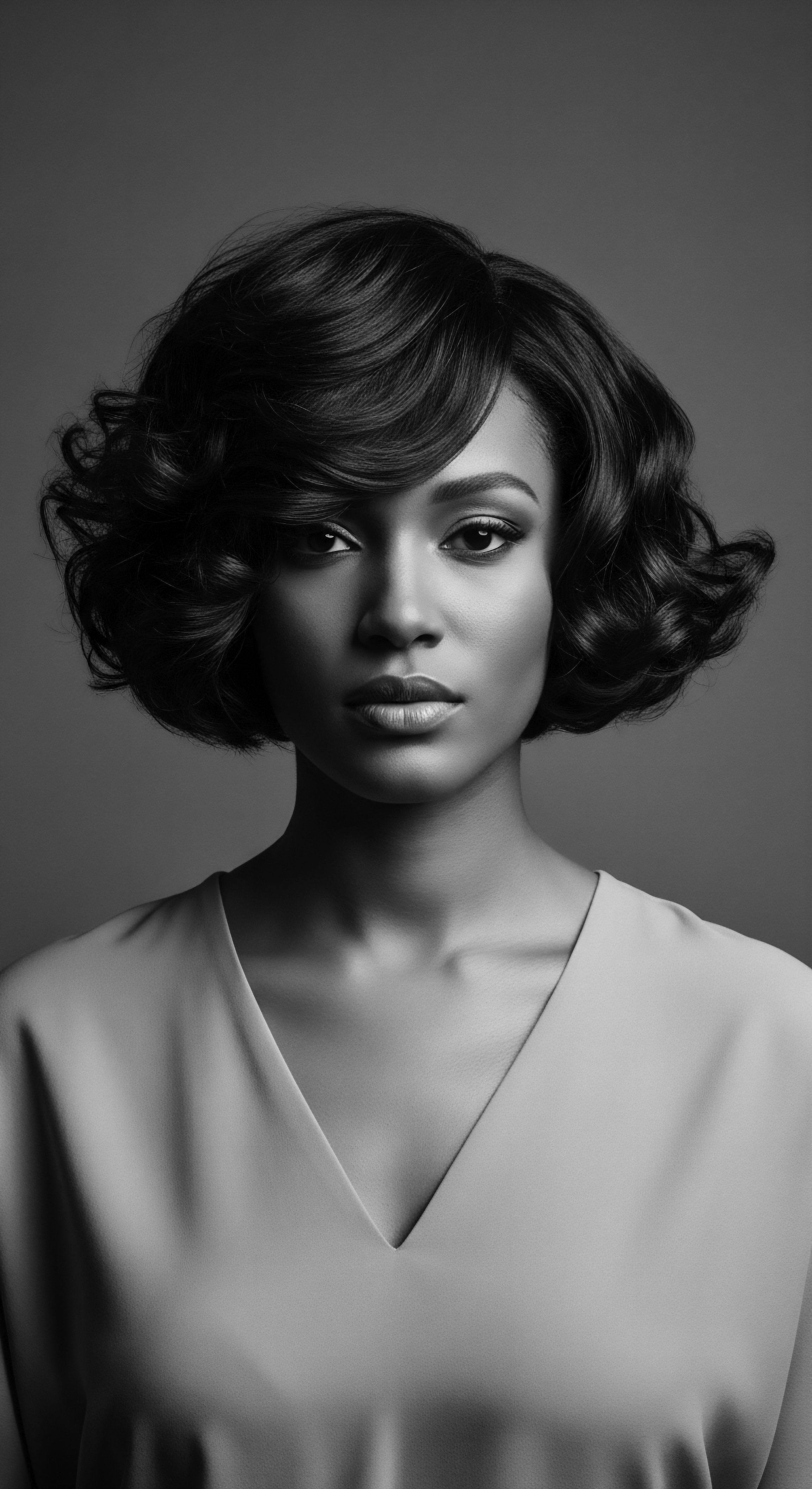 This elegant studio shot captures the poise and heritage reflected in a woman's expertly styled short bob. The interplay of light and shadow accentuates her features, celebrating the sculptural undulations and expressive potential of textured hair forms, evoking traditions of beauty and ancestral pride.