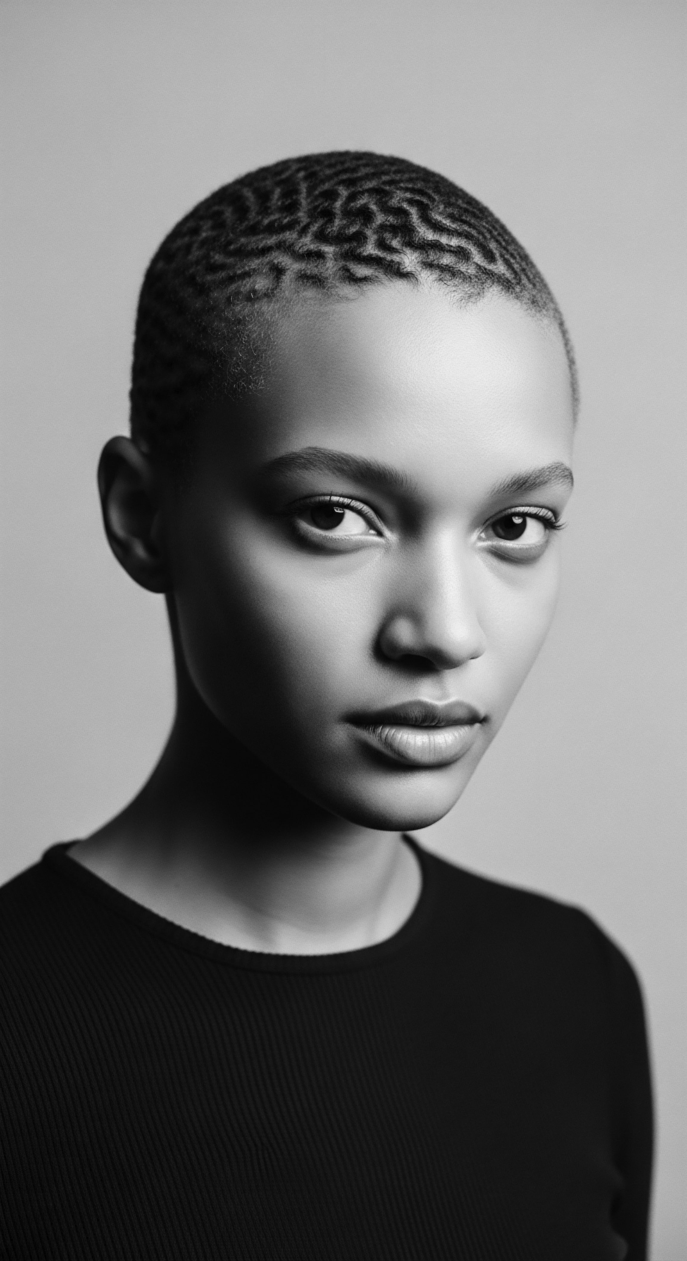 This intimate portrait captures the beauty and strength of a young woman, where her sleek, detailed textured hair design reflects a modern interpretation of ancestral heritage. The monochrome palette accentuates the subtle nuances of her skin tone and the artful arrangement of her hair texture.