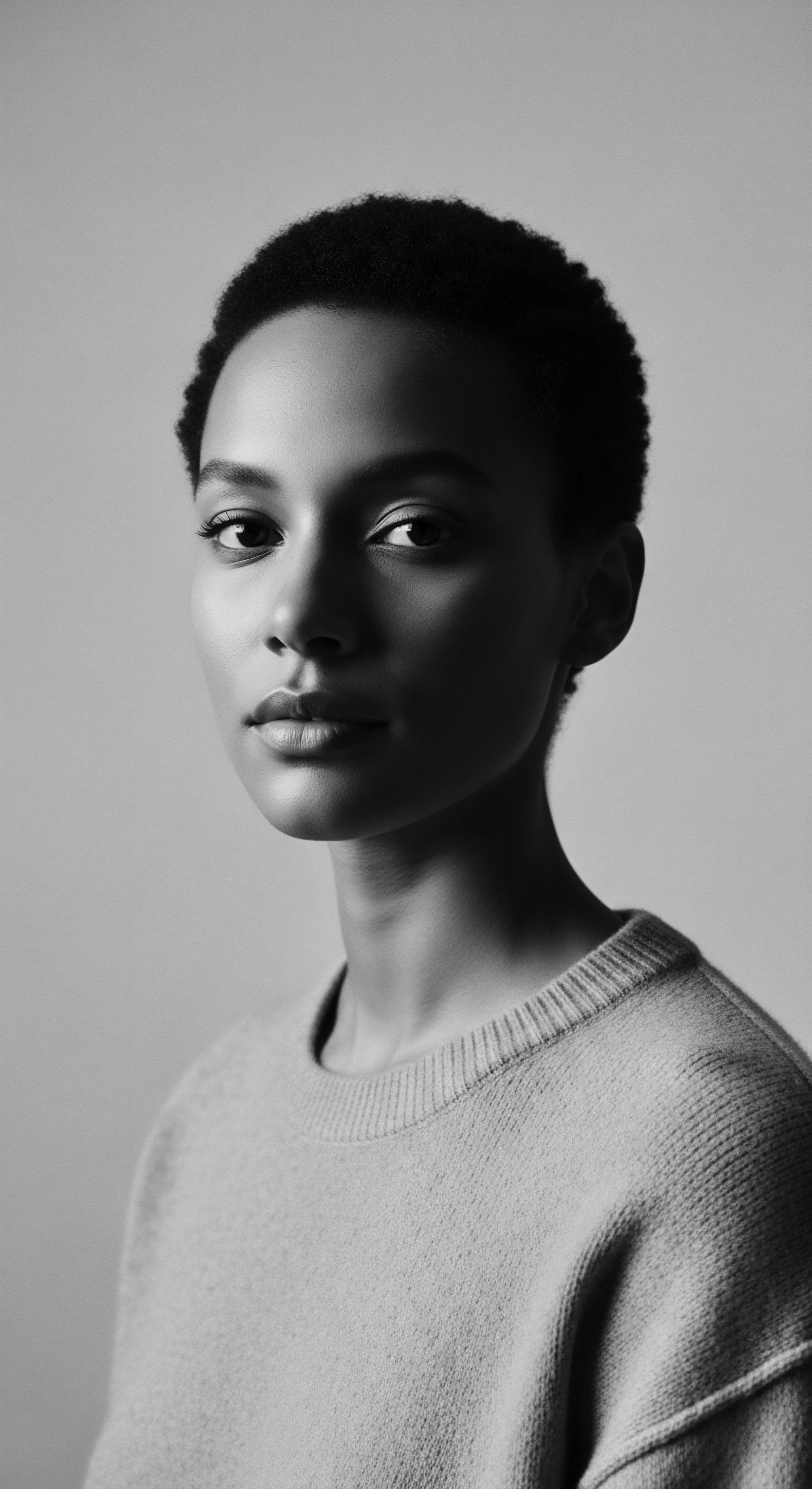 Elegant Portrait of Black Woman with Natural Short Textured Haircut The portrait encapsulates the beauty of natural Black hair with a short, coiled style that speaks to self-assuredness and embracing heritage. The monochromatic palette adds timeless elegance, celebrating the unique textures and forms of Black hair in a stunning visual narrative.
