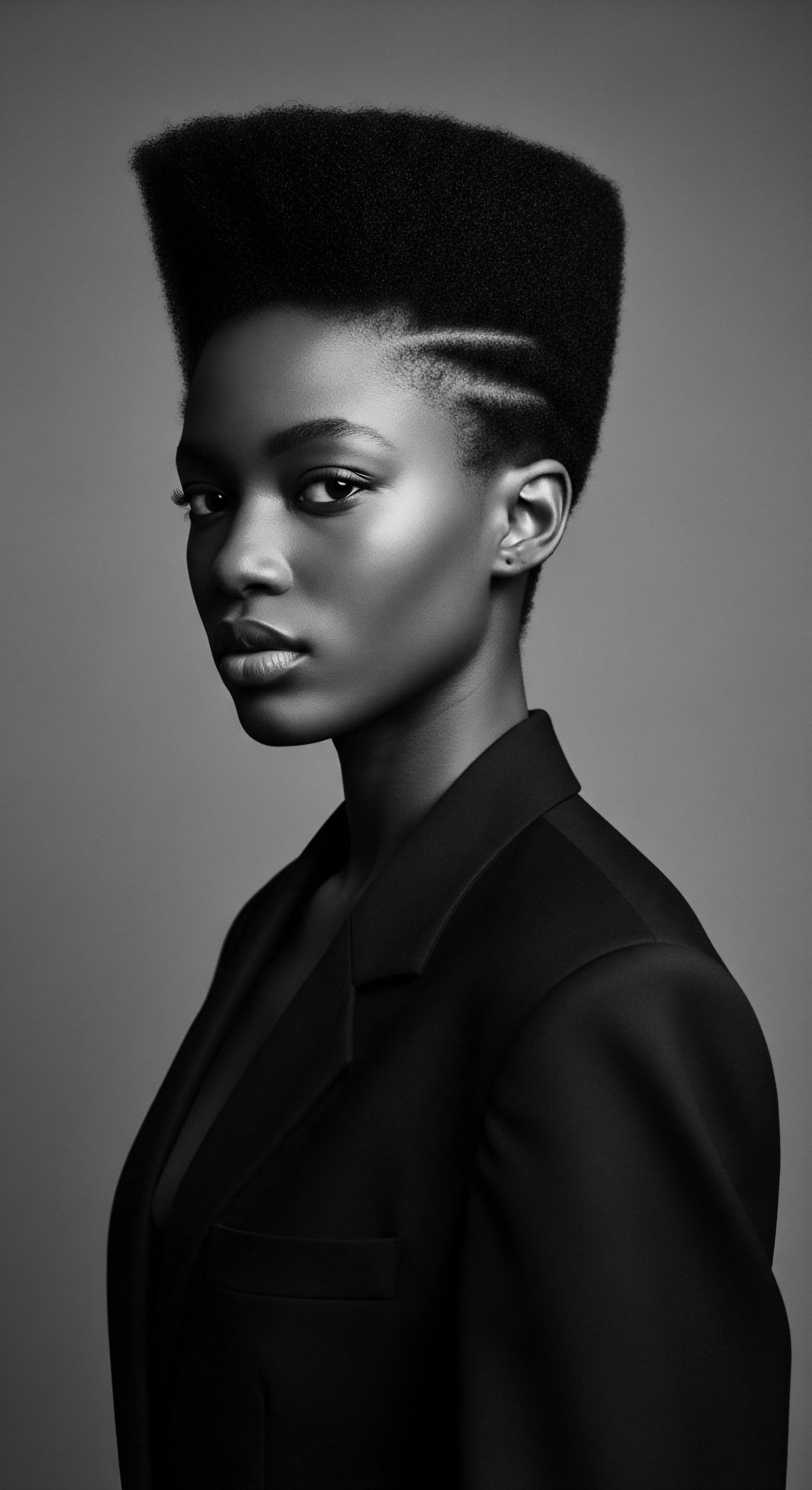 Monochrome studio portrait presents a woman showcasing her striking textured Afro, precisely shaped, with etched side details, emphasizing heritage. The composition highlights facial structure, complemented by a tailored blazer. The grayscale palette enhances depth, focusing on the textures and elegant design.