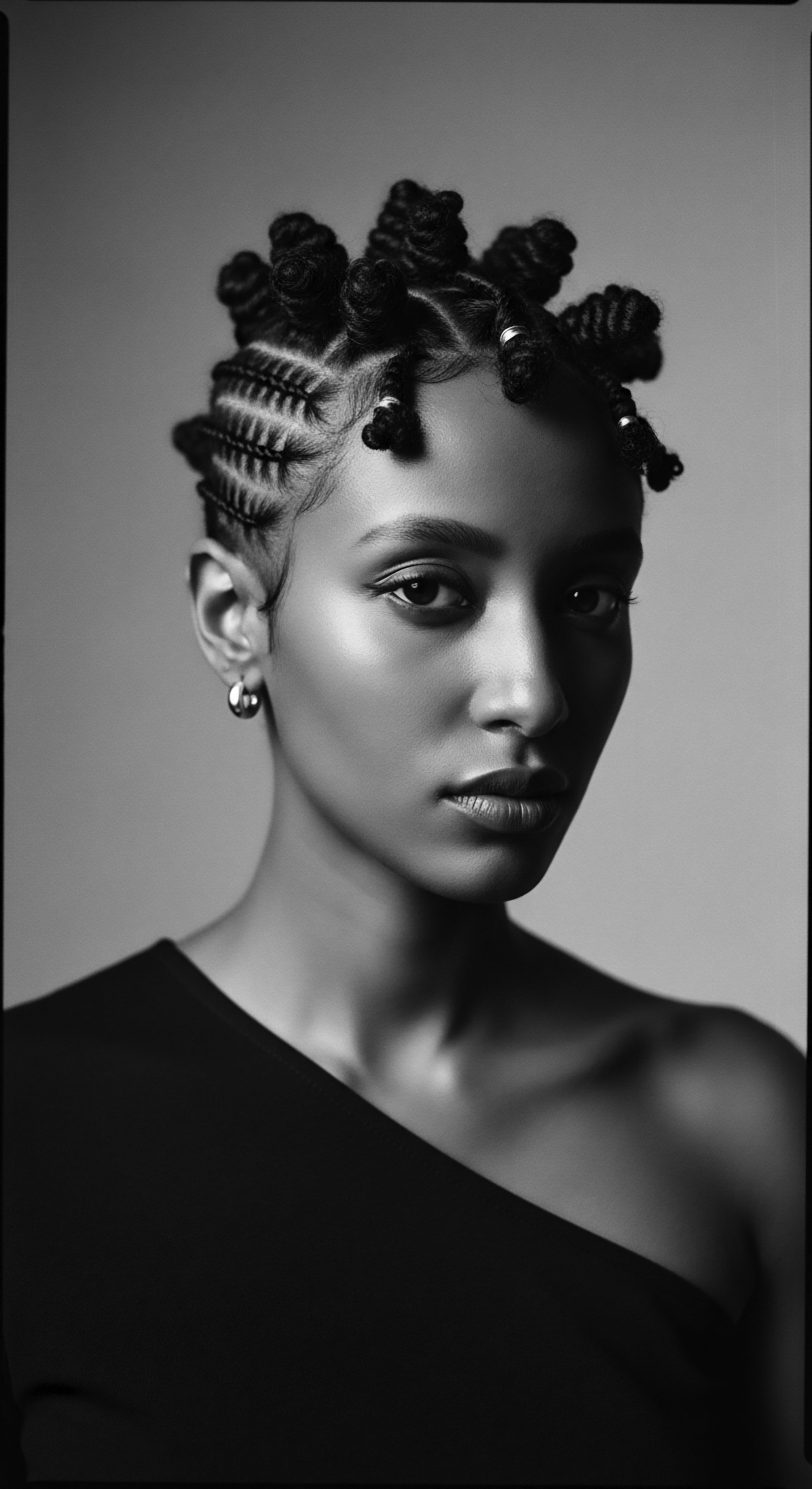 This evocative portrait celebrates Black hair traditions through a modern lens, showcasing the beauty and skill involved in creating cornrow braids transitioning into sculptured Bantu knots, embodying heritage, individual expression, and protective styling as an element of holistic hair care.