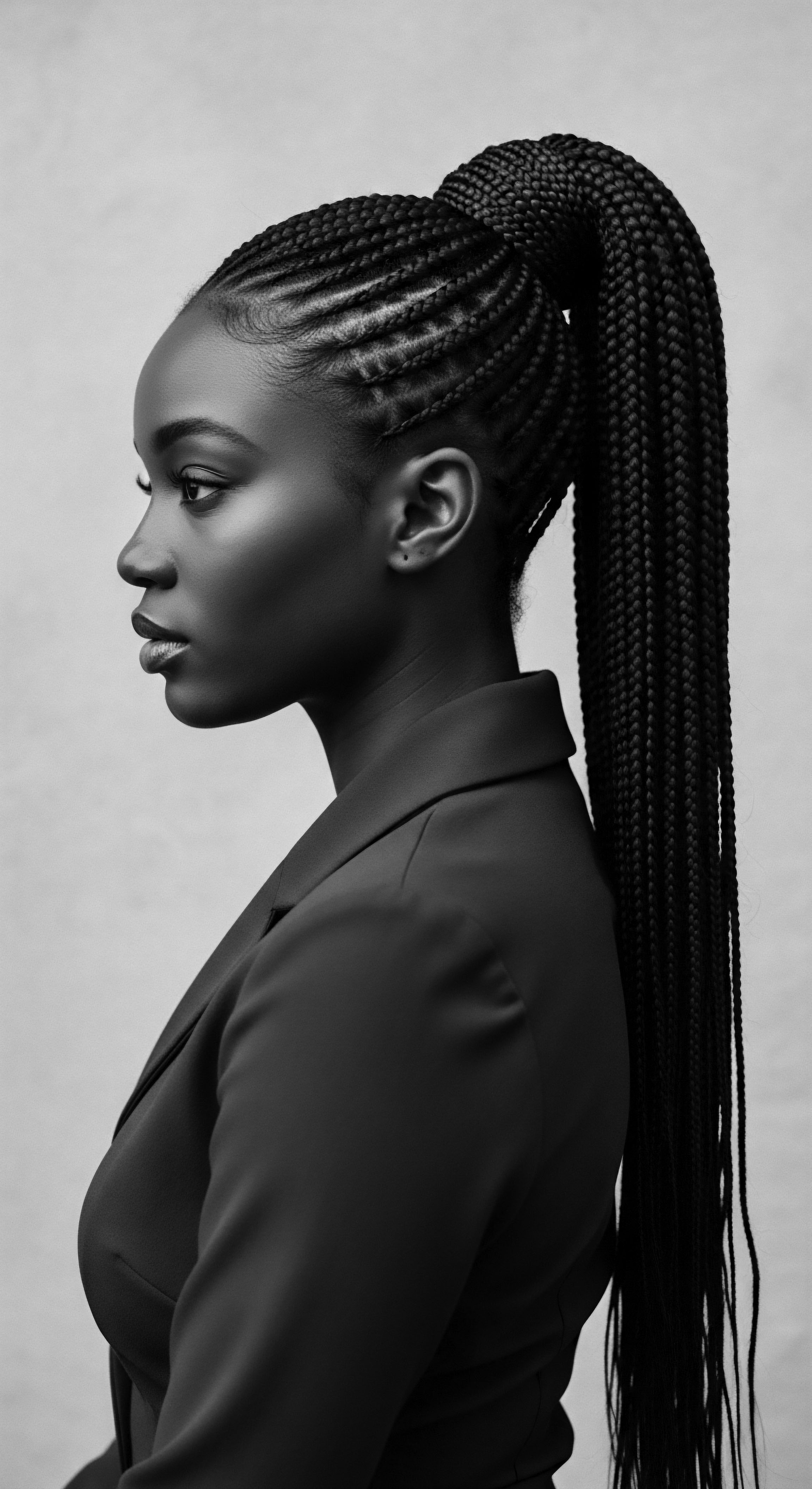 Elegant Portrait of Woman with Intricate Braided Hairstyle and Professional Attire This striking portrait showcases the beauty of textured hair artistry and professional elegance. The expertly crafted braids, meticulously styled, symbolize heritage and empowerment, while the tailored blazer conveys confidence. This composition reflects cultural pride within modern expressions of Black identity and style.