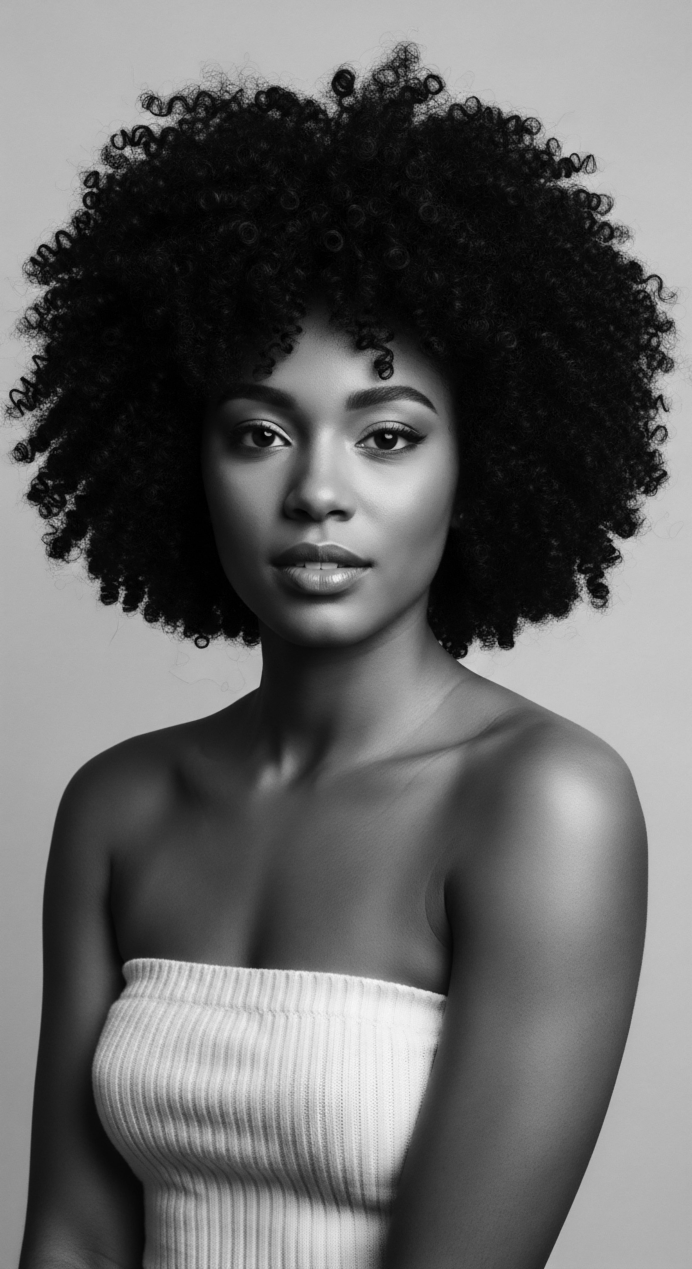 Elegant Portrait of Woman with Natural Afro Textured Hair in Monochrome The image exudes elegance, celebrating the inherent beauty of Afro-textured hair, where each defined coil contributes to a powerful statement of identity and heritage. Soft light dances on her radiant skin creating a captivating moment that honors tradition and promotes holistic hair care practices.