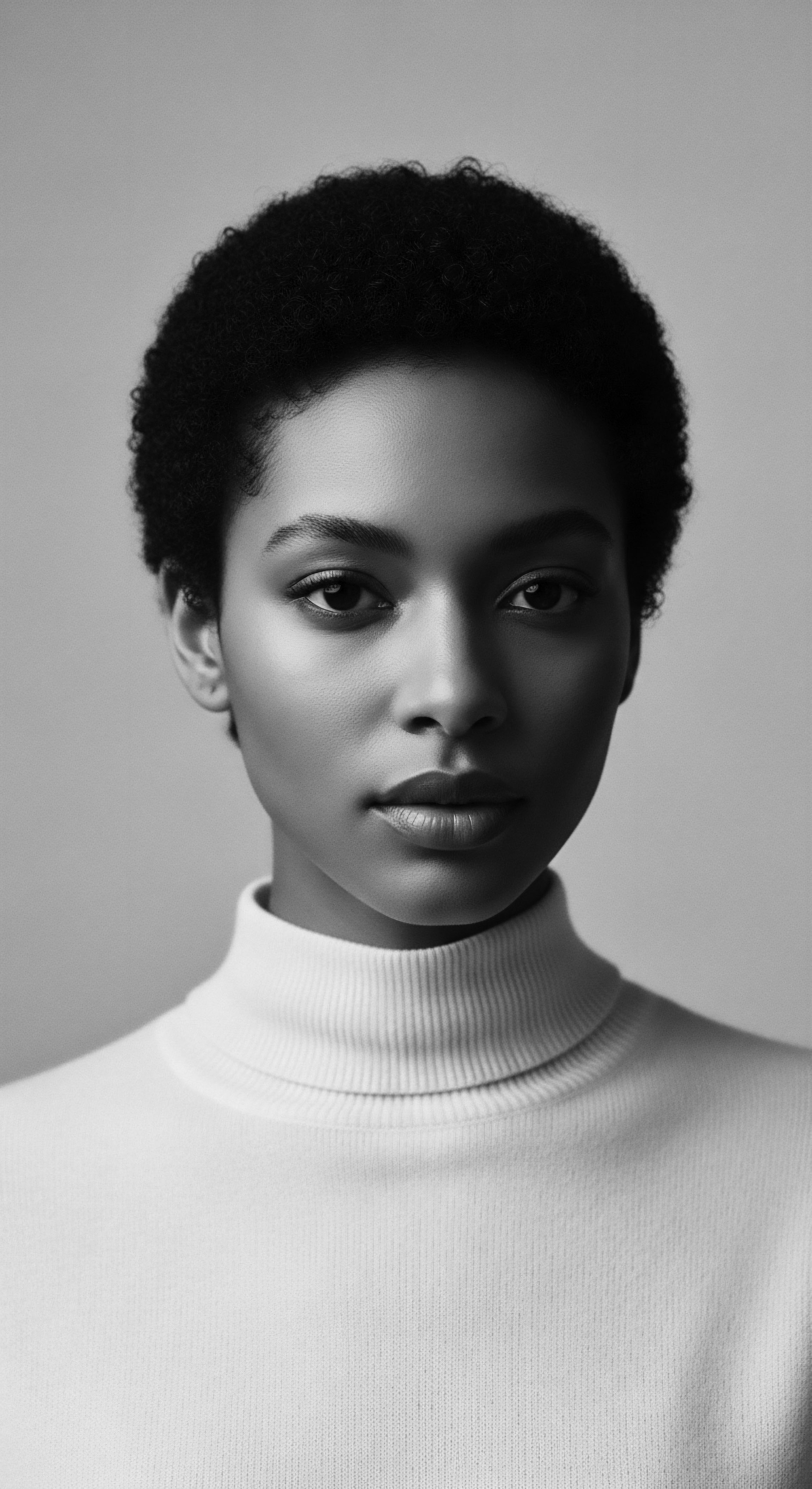 Monochrome enhances the beauty and definition of the woman’s coiled Afro texture, emphasizing the inherent elegance in natural Black hair traditions. This portrait underscores a commitment to self-love, ancestral pride, and the celebration of unique textured hair forms in a harmonious and elegant composition.