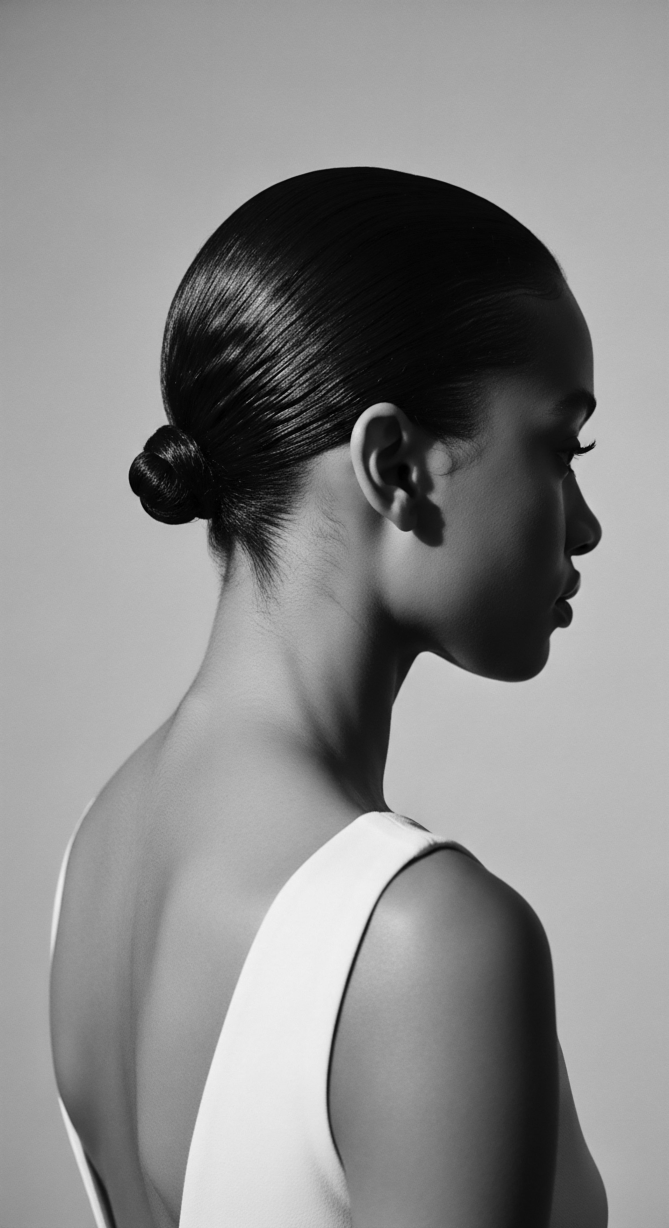 Elegant Portrait of Woman with Sleek Bun and Taut Hairline This monochrome portrait captures the graceful profile of a woman, her sleek, slicked-back type 3 coily hair artfully coiled into a low bun. The striking composition celebrates her heritage by blending her hair into timeless beauty through modern styling and highlighting holistic hair traditions and the mixed-race hair narrative.