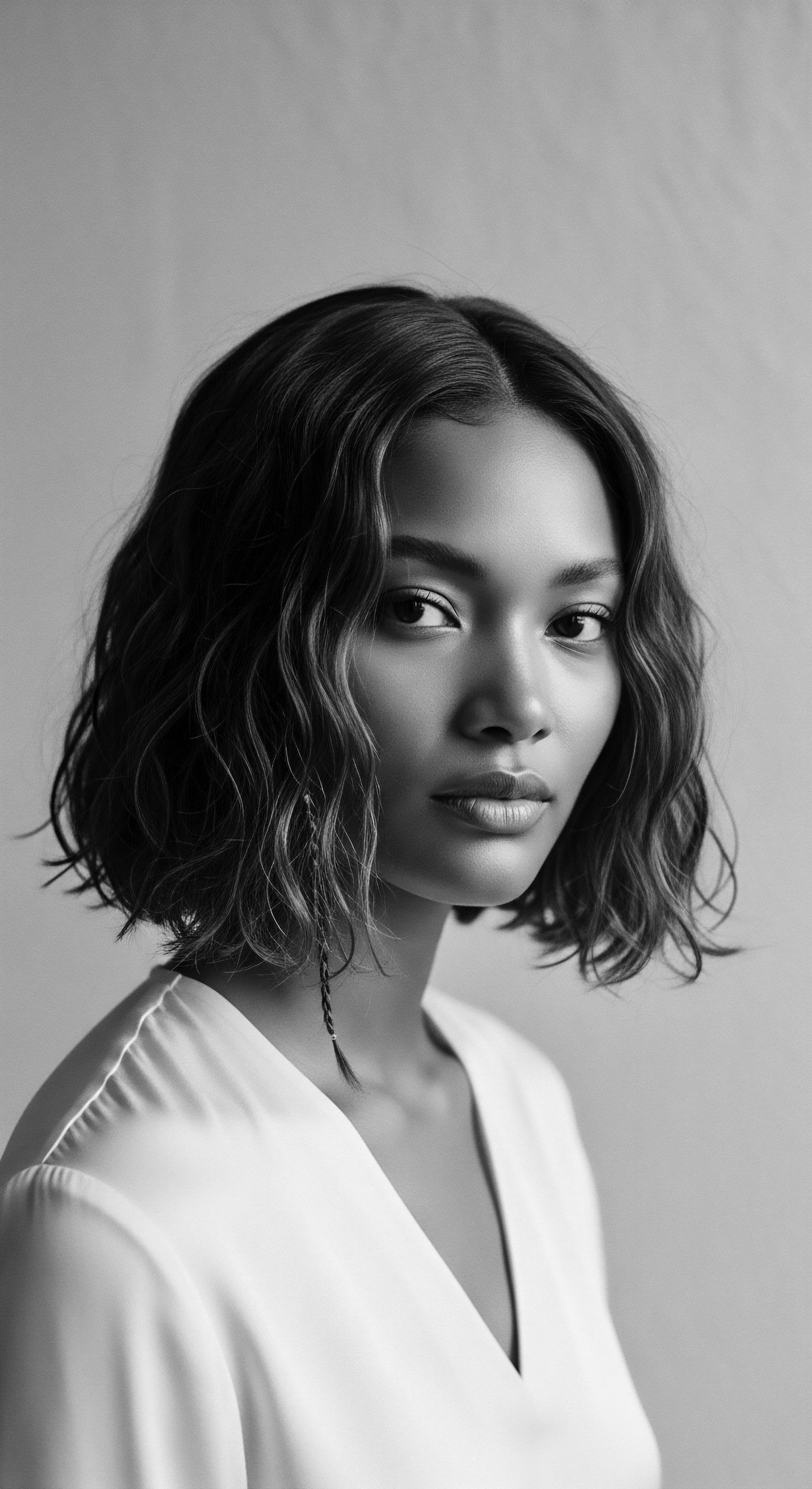 Elegant Portrait of Woman with Wavy Bob Hairstyle in Black and White Through masterful monochrome, the woman's distinct wavy bob, expertly styled, radiates strength and elegance, mirroring a celebration of heritage and the profound connection to self through her textured hair's statement of grace and sophisticated simplicity.