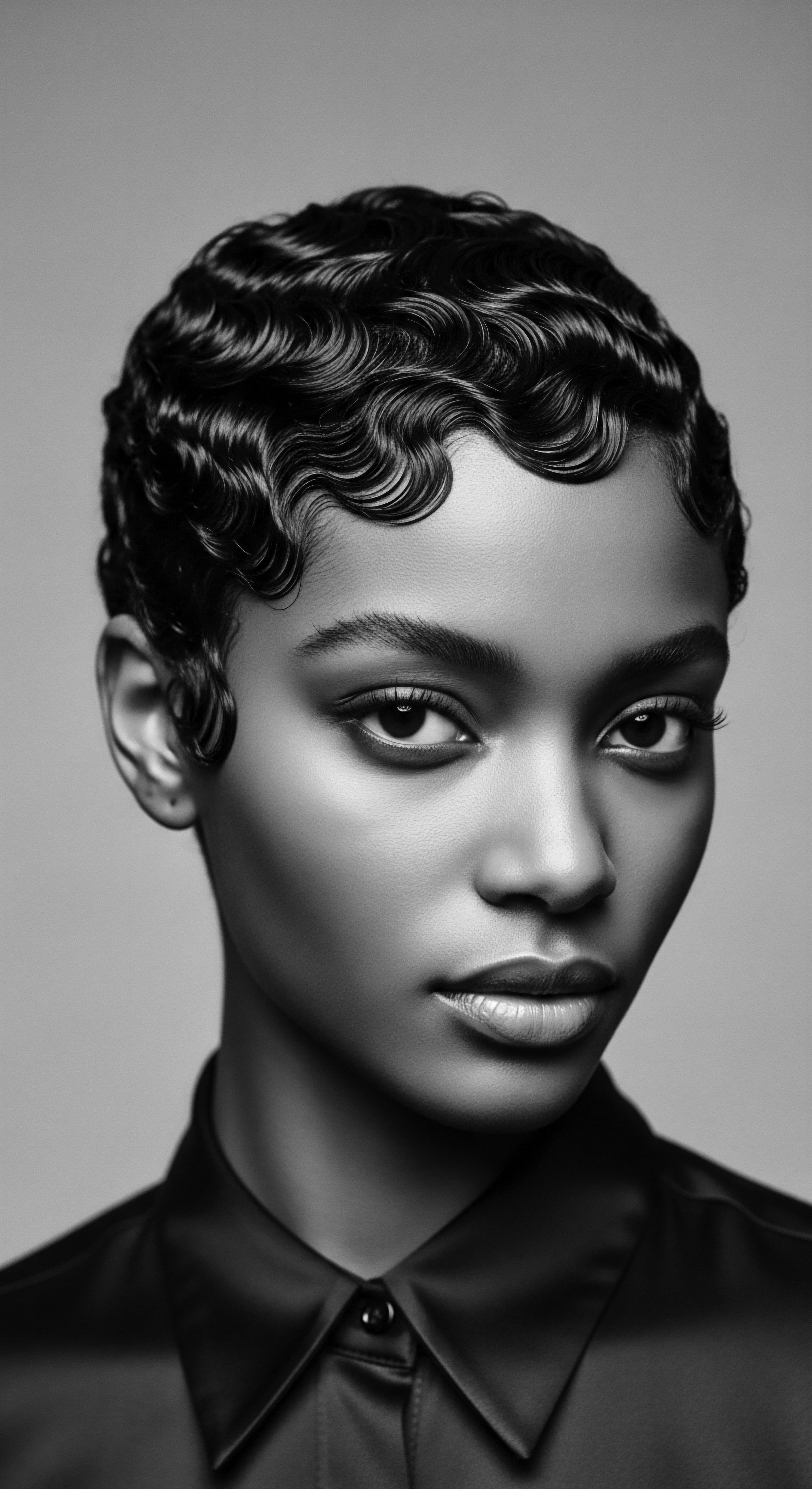 Monochrome portrait captures a young woman with glossy finger waves, a vintage hairstyle showcasing sculpted undulations. Soft lighting highlights the dark textured hair against a neutral backdrop, accentuating her features and emphasizing the interplay of light and shadow. Style evokes classic glamour, celebrating black hair traditions.