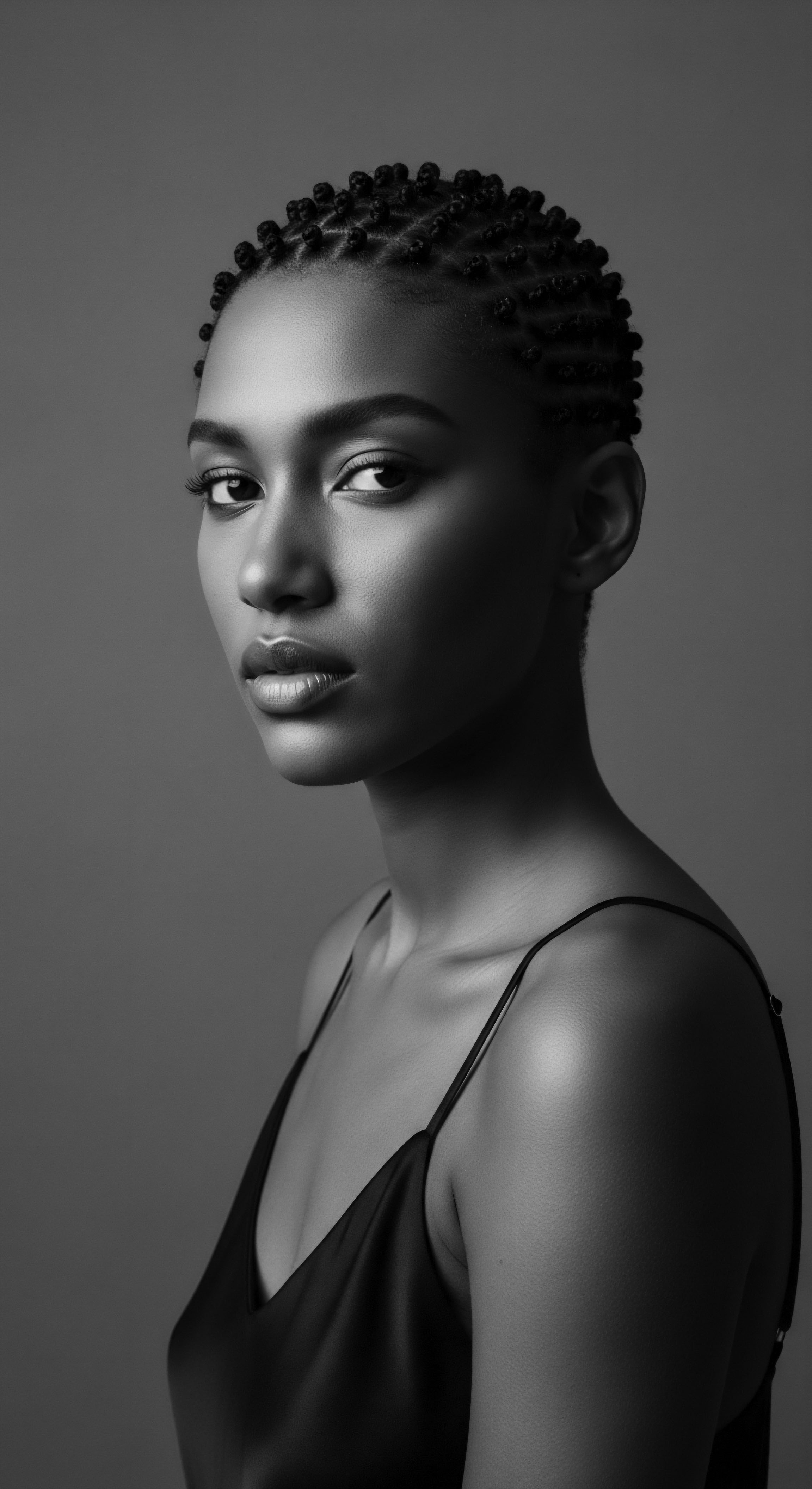Elegant Portrait of Young Black Woman with Protective Braids and Poise This image offers an intimate view of black beauty, heritage, and strength, enhanced by meticulous protective braiding. The study in light and shadow elevates it beyond a mere portrait it is a celebration of ancestral hair care traditions, resilience and self-expression through natural hair styling.