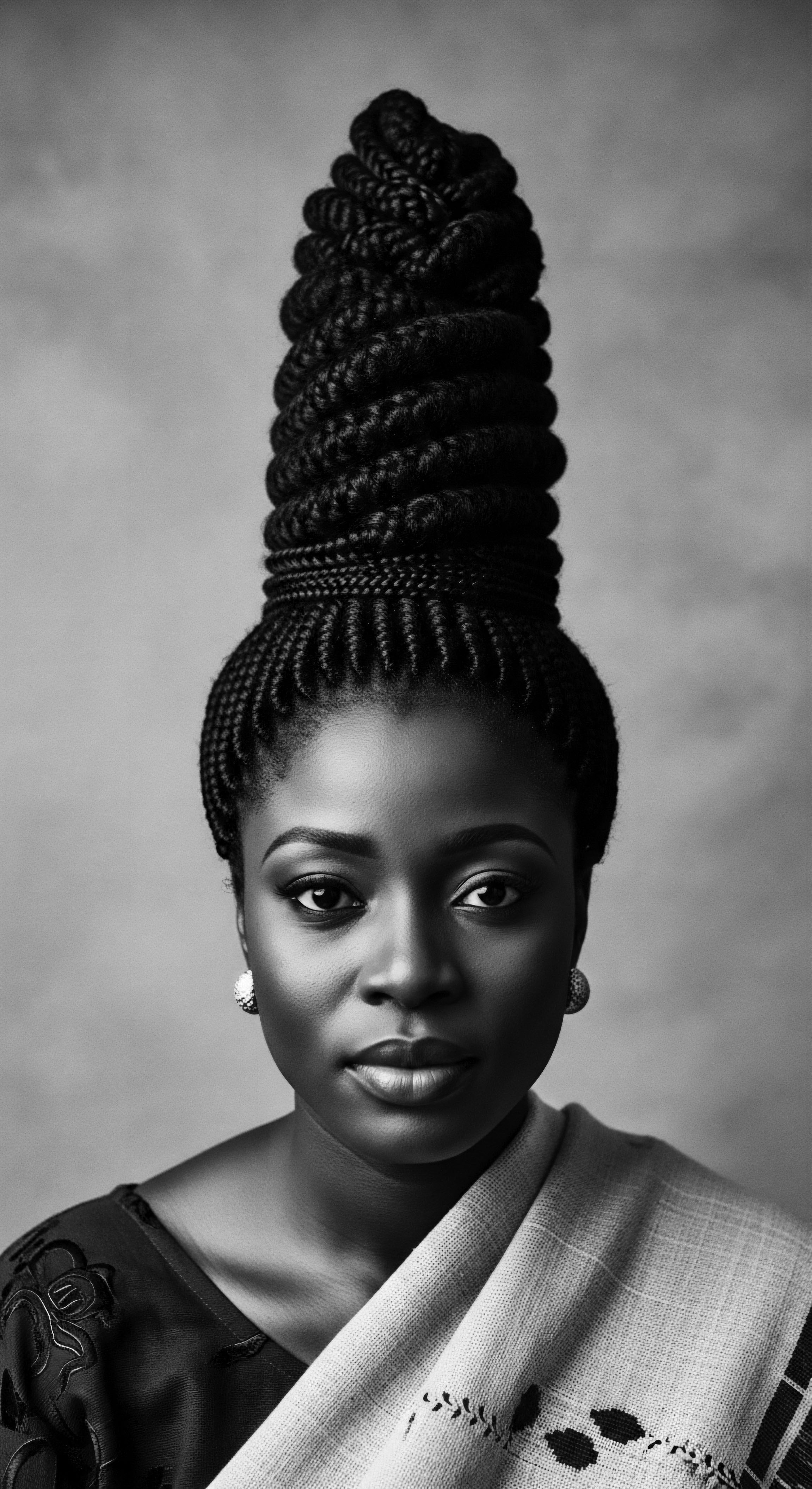 Elegant Portrait Showcasing High Coiffure Braids Celebrating Black Hair Artistry The regal portrait embodies Black hair traditions through this elegant braided updo which celebrates ancestral artistry and intricate styling. The luminous skin, complemented by traditional attire and precise braiding, elevates the subject this exemplifies the expressive potential of highly textured hair while honoring heritage and promoting holistic care for optimal hydration.
