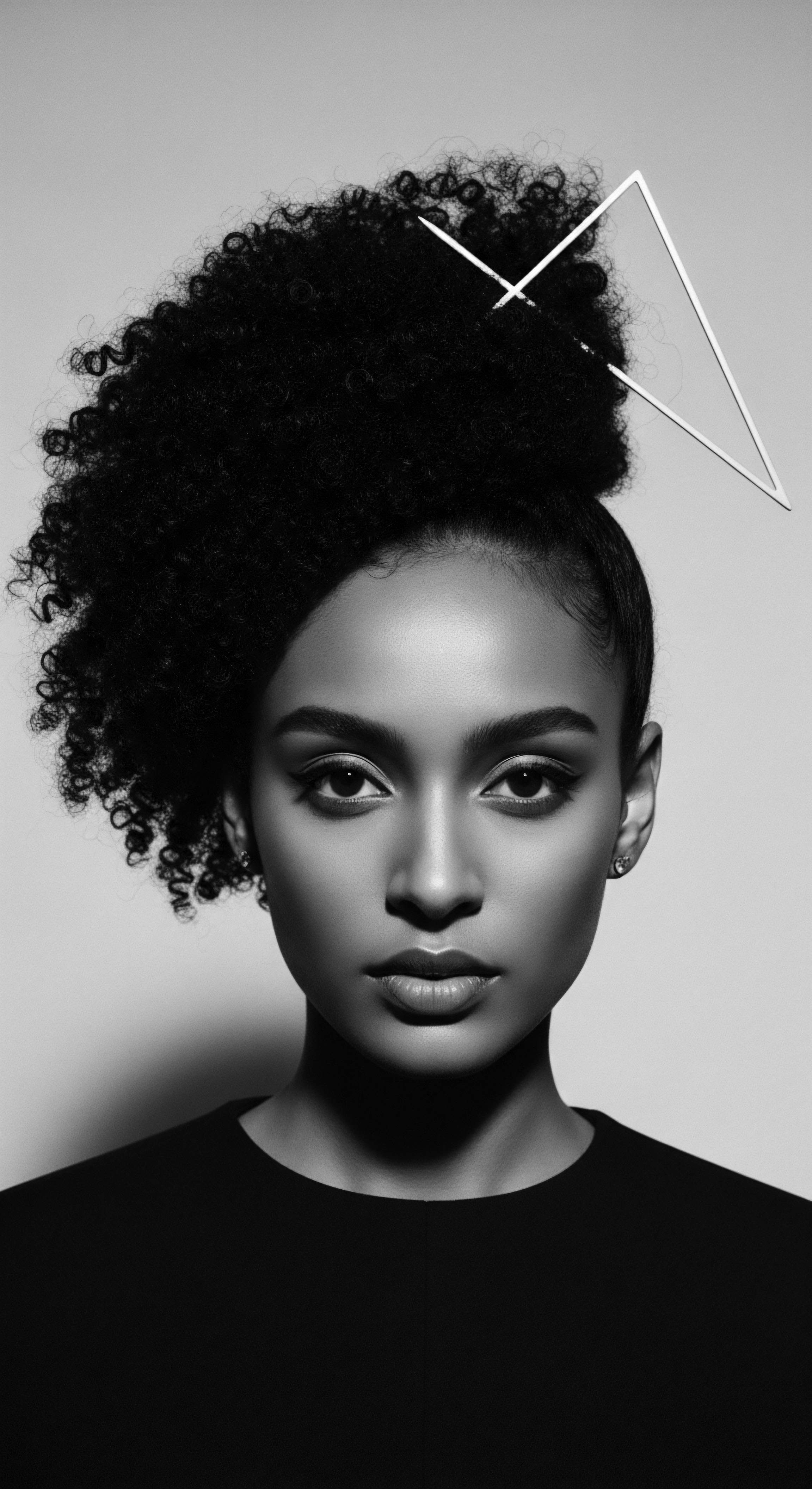 Elegant Portrait Woman Textured Hair High Bun Minimalist Composition Black White The portrait embodies a contemporary aesthetic, highlighting the beauty and versatility of textured hair within an elegant framework. The contrast of light and shadow creates an evocative image, celebrating both minimalist design and the rich heritage expressed through coil formations in Black hair traditions, reflecting an interplay between modern styling and ancestral roots.