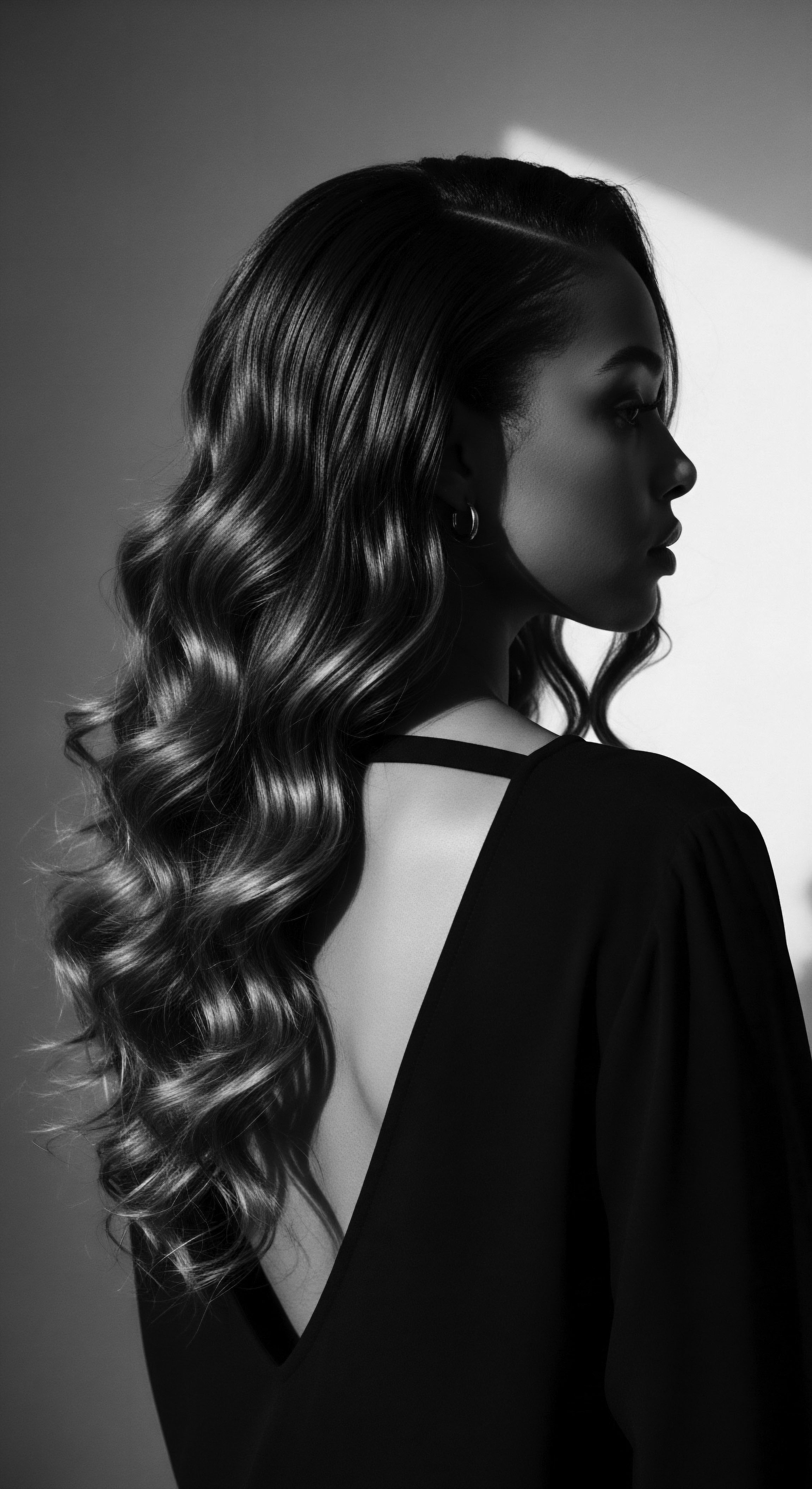 The woman's elegant presentation, framing her wave-patterned tresses and form-fitting attire, evokes themes of empowerment and ancestral heritage. The interplay of light enhances the richness of her hair's texture and the overall composition's visual story of beauty and confidence.