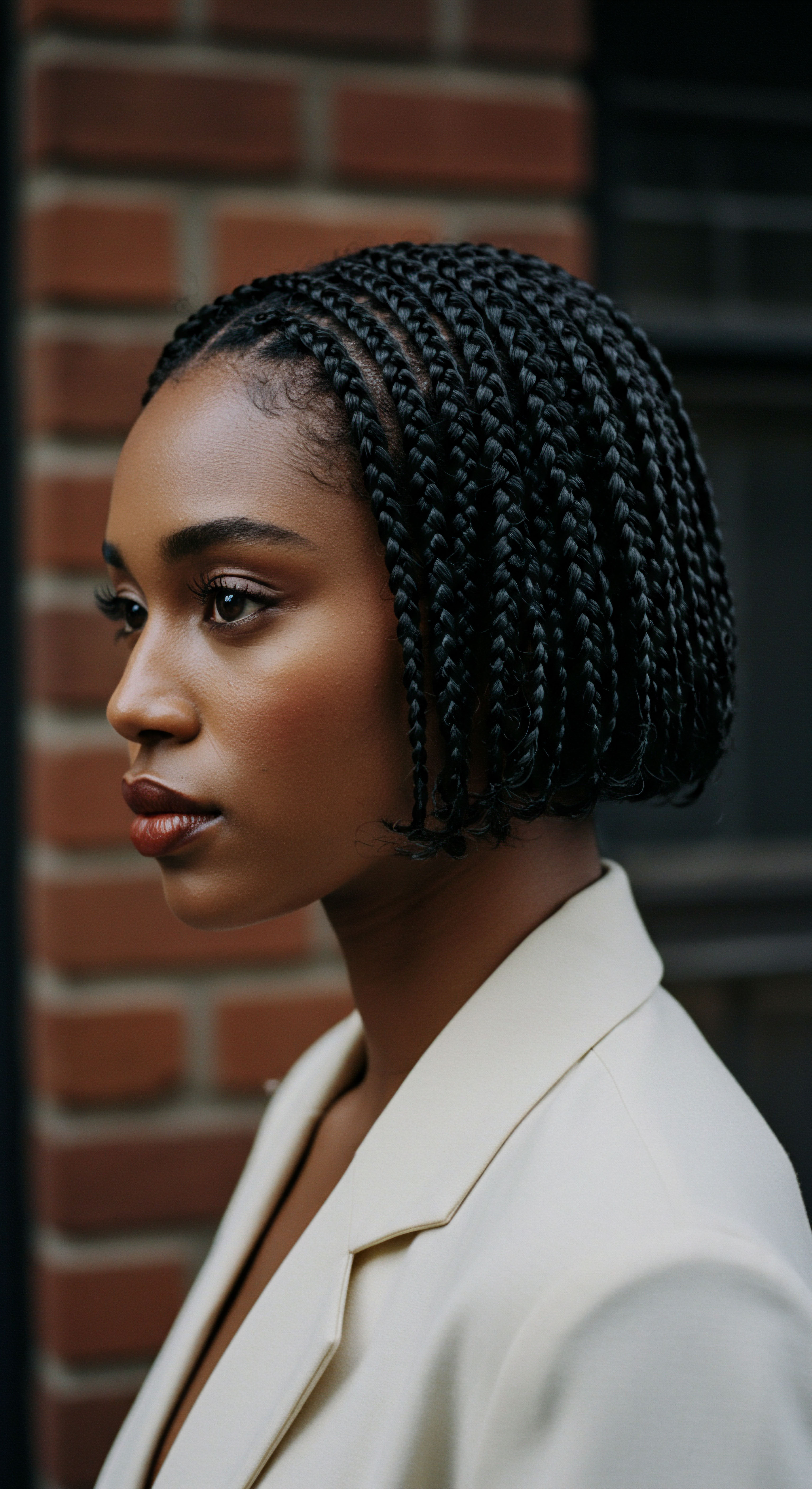Elegant Textured Hair Braids Promoting Hair Health and Growth A captivating profile showcases elegant cornrows, a sophisticated protective style. This ancestral braiding technique highlights textured hair's beauty, promoting optimal scalp health and impressive length retention. It epitomizes meticulous Black hair care, masterful styling, and cherished heritage, yielding beautiful definition.