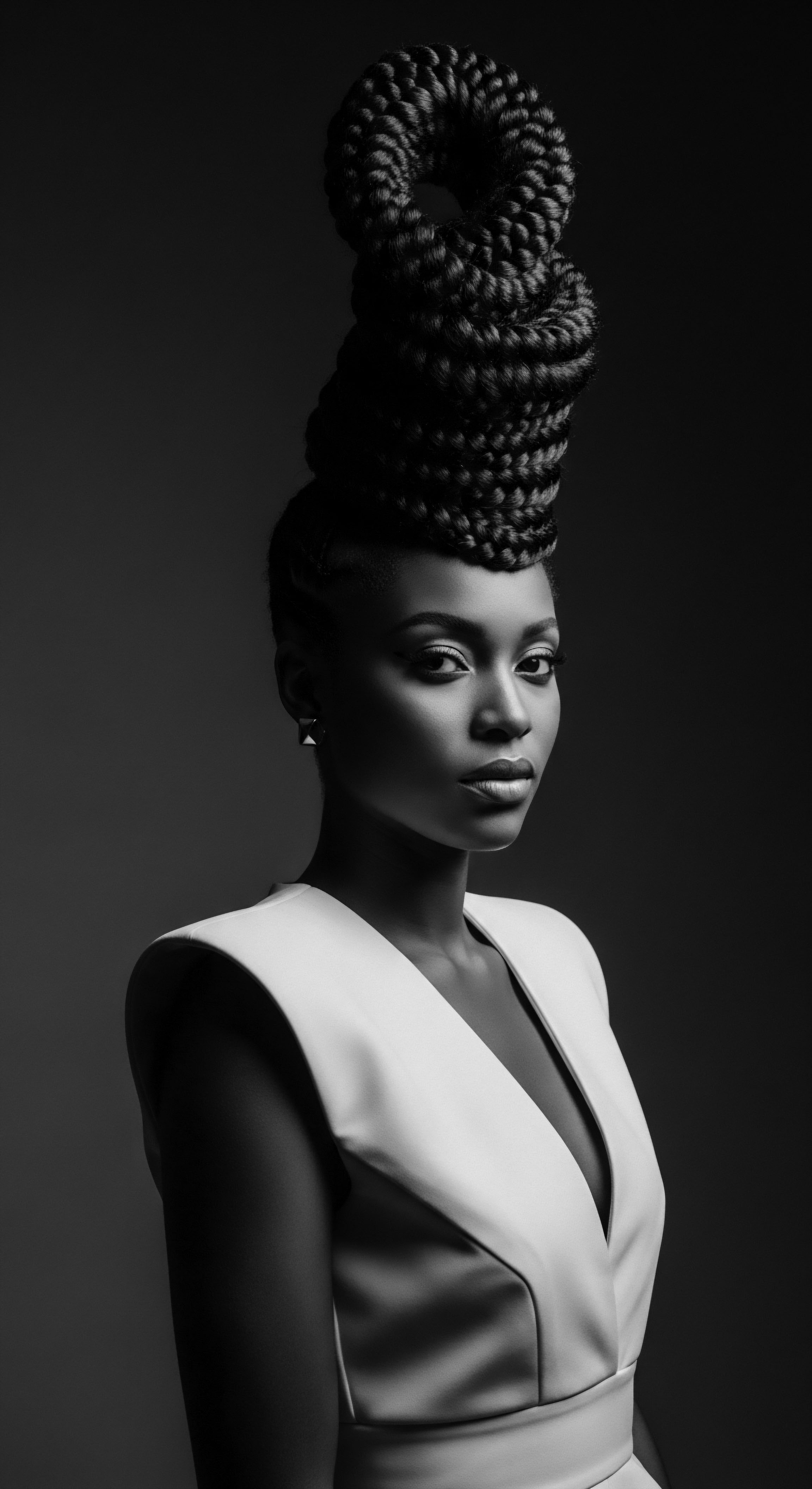 Elegant Woman Adorned with Towering Braided Hairstyle and Minimalist Fashion This captivating portrait embodies the artistry of expressive styling, highlighting intricate braid work and a regal poise reflective of ancestral pride. The image subtly conveys both the strength and the refined elegance in textured hair, amplified by the dramatic chiaroscuro and minimalist attire.