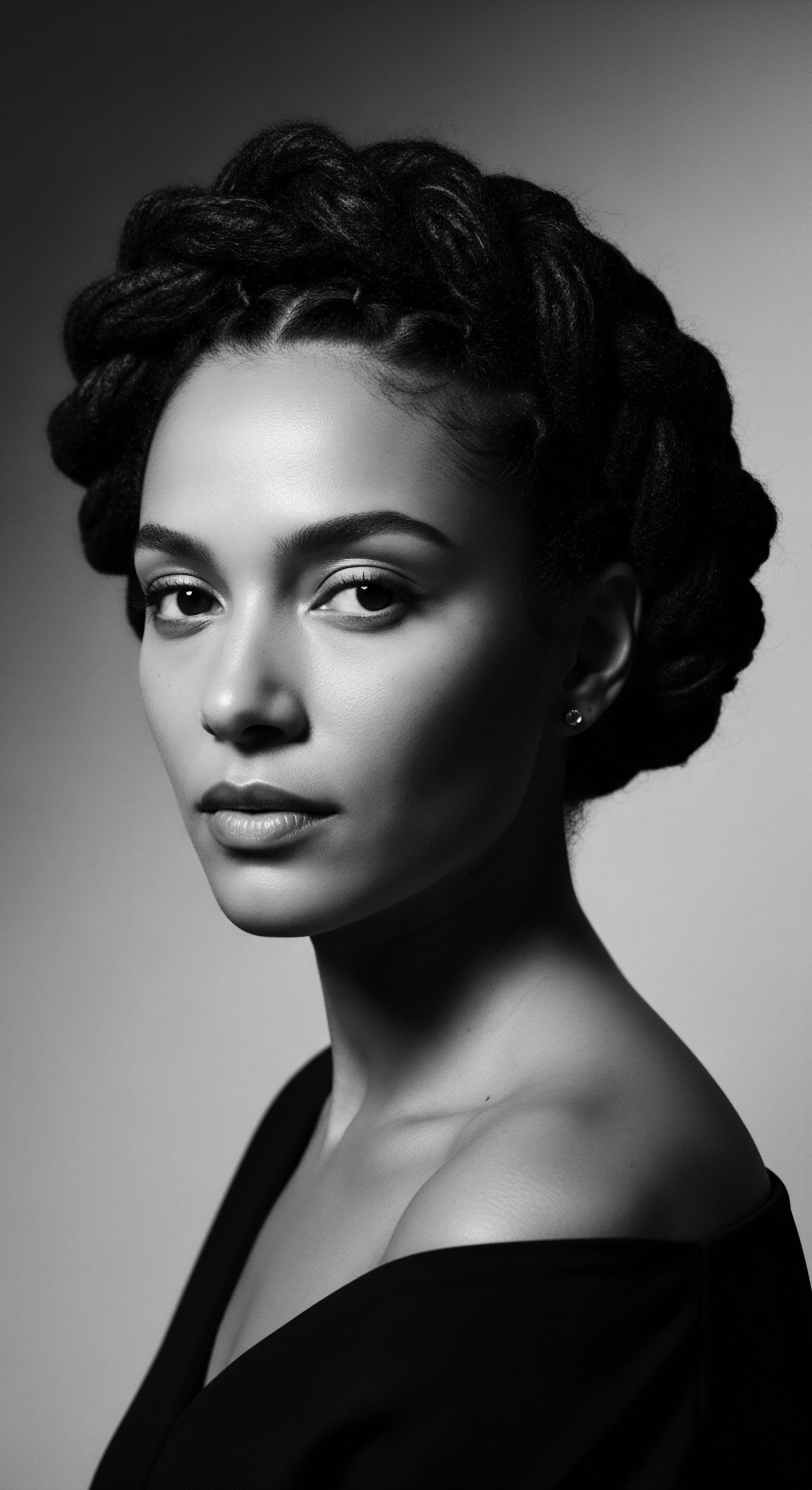 Elegant Woman Portrait with Braided Protective Hairstyle and Expressive Gaze This captivating portrait highlights the artistry of braided protective styles, connecting to ancestral roots and holistic hair care practices. The subject's thoughtful gaze, coupled with the intricate hair design, speaks volumes about heritage, self-expression, and the celebration of textured hair.