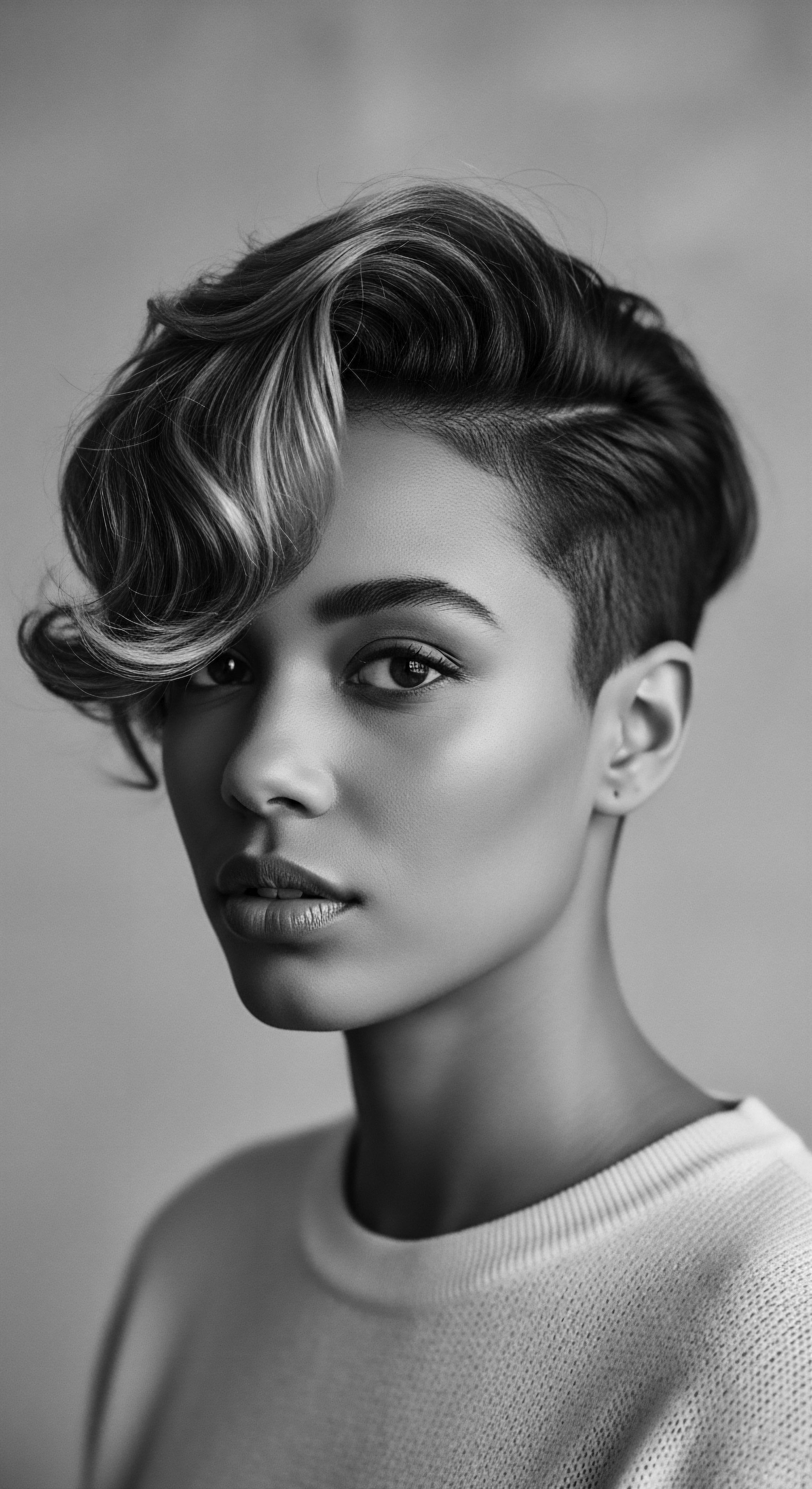 A monochromatic portrait highlights a woman's sophisticated style. Her short, natural hair features lightened sections enhancing a side swept wave. Clean undercut transitions into the fuller texture above. The composition emphasizes the hair's form, blending modern design with beauty. The image conveys confidence and contemporary self-expression.