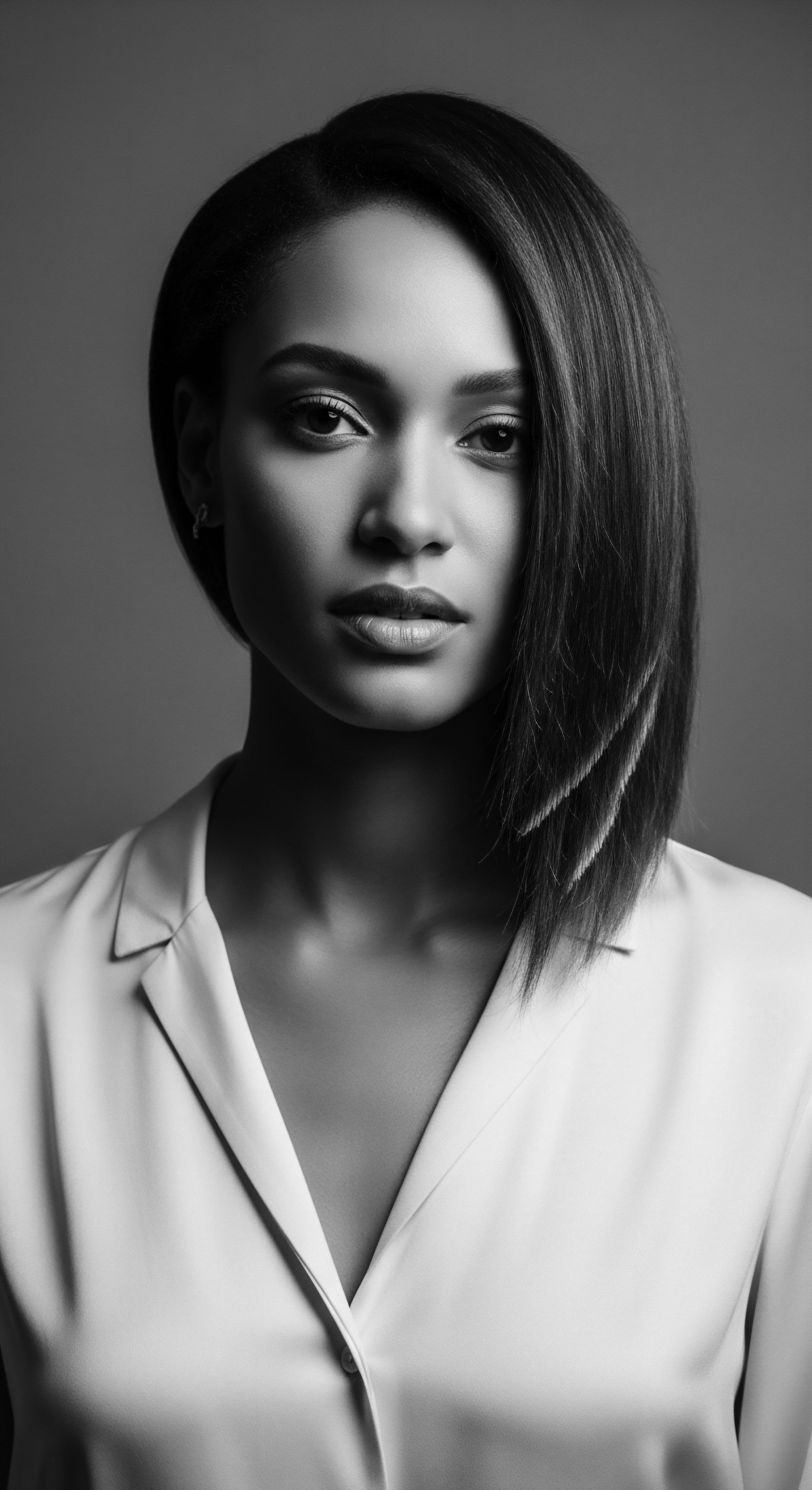 Elegant Woman with Asymmetrical Bob Hairstyle Black and White Portrait The photograph elegantly frames a woman's face with a chic, asymmetrical bob, enhanced by sophisticated layering and monochrome tones. Light and shadow play upon her features, accentuating the hairstyle’s textural complexity and celebrating the inherent beauty of geometrically precise styling, epitomizing modern beauty standards.