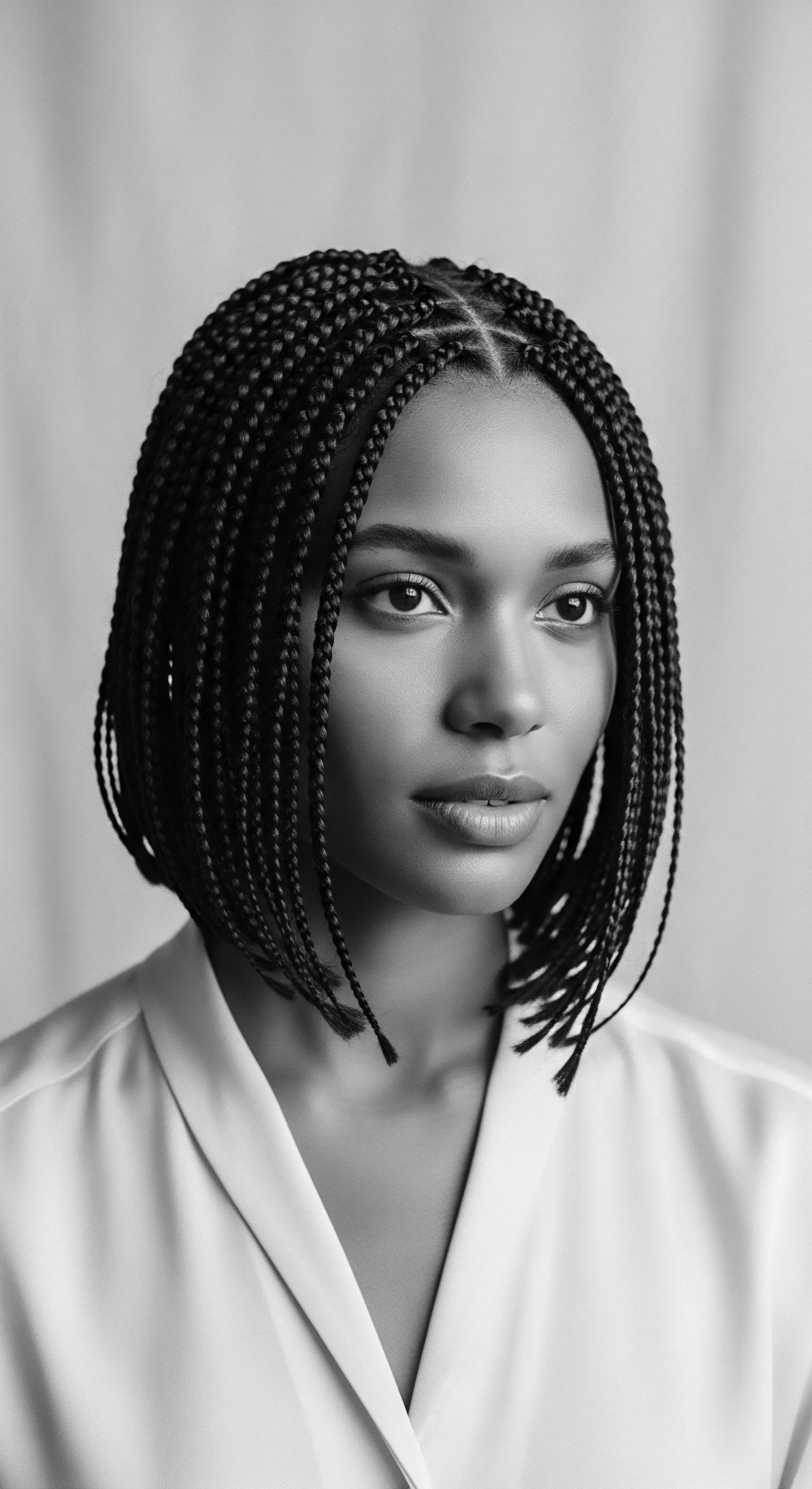 Elegant Woman with Box Braids Short Bob Haircut Black and White The stark contrast enhances the intricate detail of each braid, symbolizing the fusion of heritage with modern expression, reflecting both strength and beauty. The arrangement further highlights the holistic approach to textured hair wellness and stylistic agency.